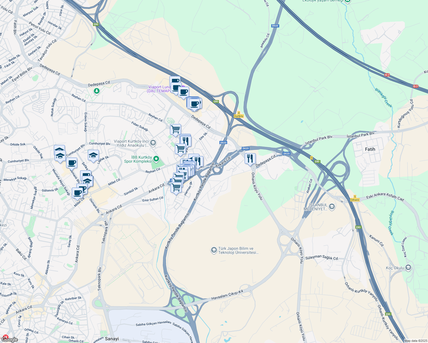 map of restaurants, bars, coffee shops, grocery stores, and more near Kurtköy Kavşağı in Pendik