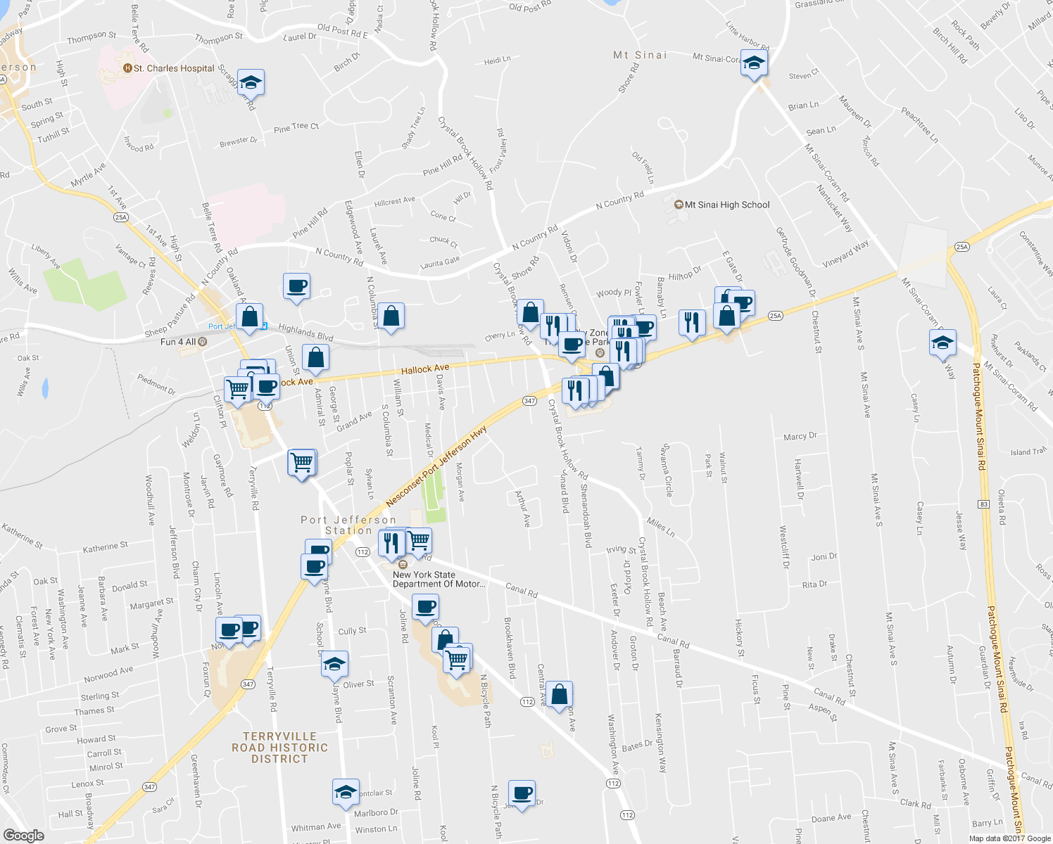 map of restaurants, bars, coffee shops, grocery stores, and more near 32 Fradelos Street in Port Jefferson Station
