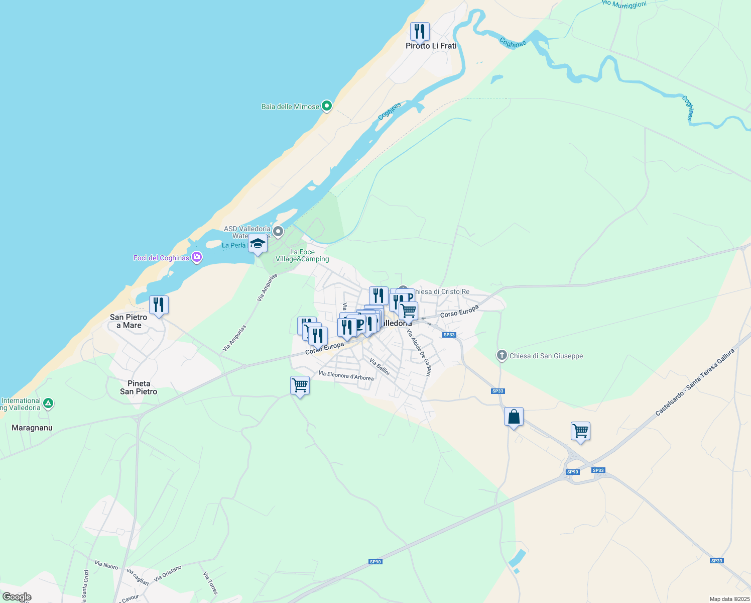 map of restaurants, bars, coffee shops, grocery stores, and more near 51 Via Ampurias in Valledoria