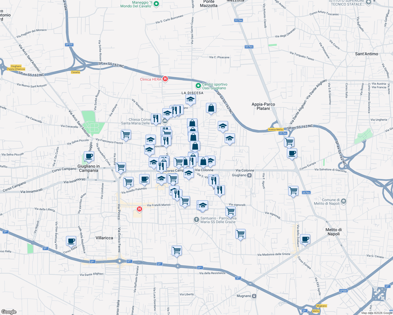 map of restaurants, bars, coffee shops, grocery stores, and more near 18 Via della Torre in Giugliano in Campania