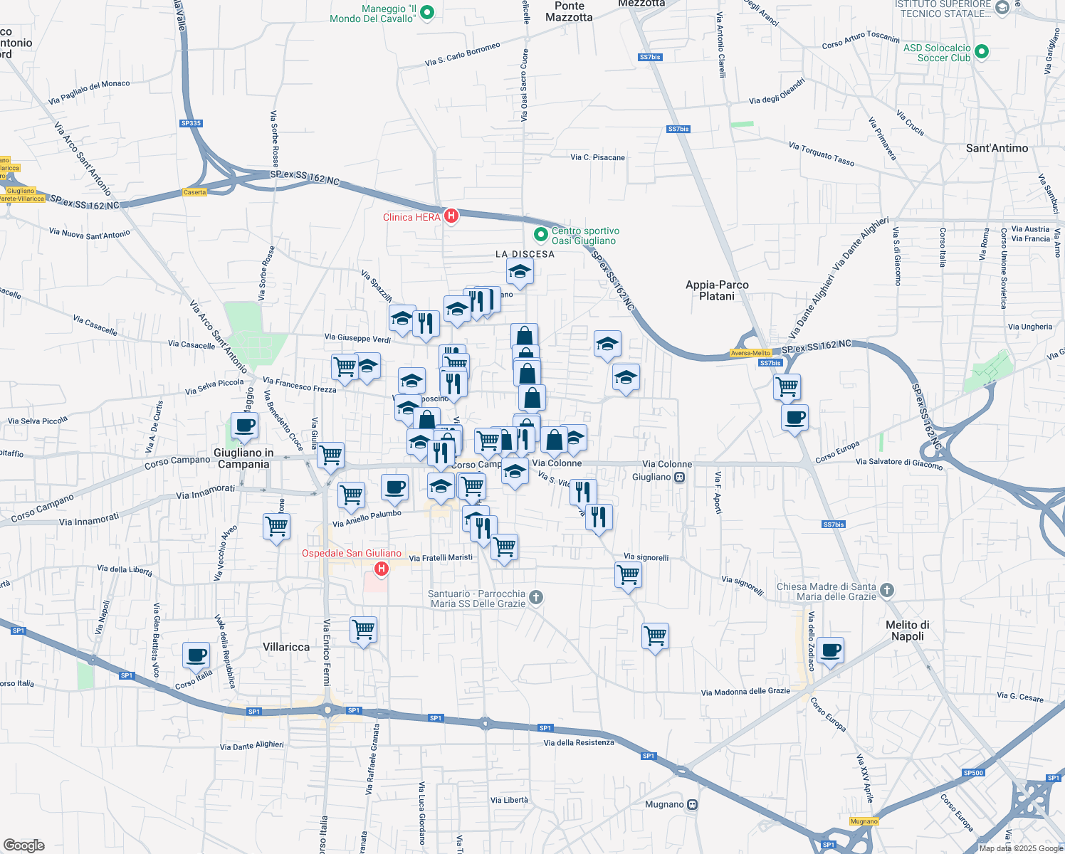 map of restaurants, bars, coffee shops, grocery stores, and more near 33I Via Giardini in Giugliano in Campania