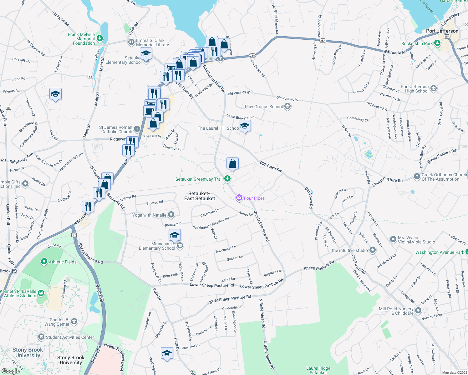 map of restaurants, bars, coffee shops, grocery stores, and more near 103 Gnarled Hollow Road in Setauket- East Setauket