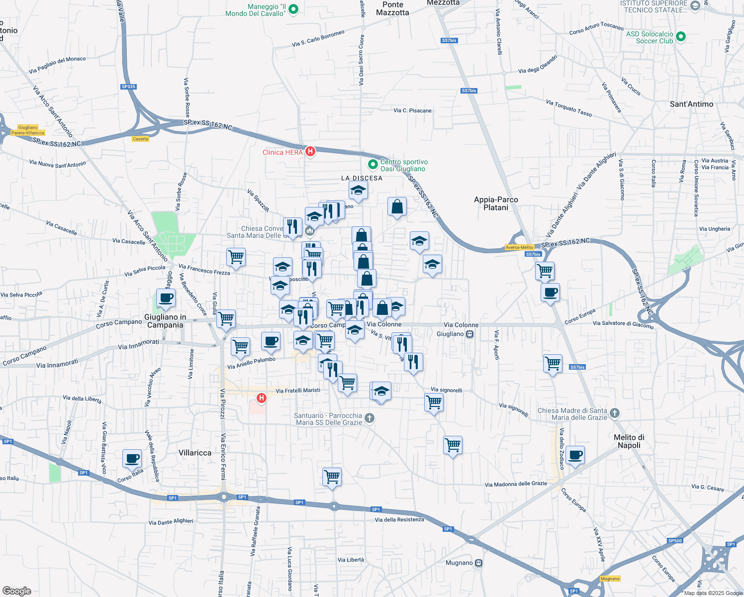 map of restaurants, bars, coffee shops, grocery stores, and more near 18 Via della Torre in Giugliano in Campania