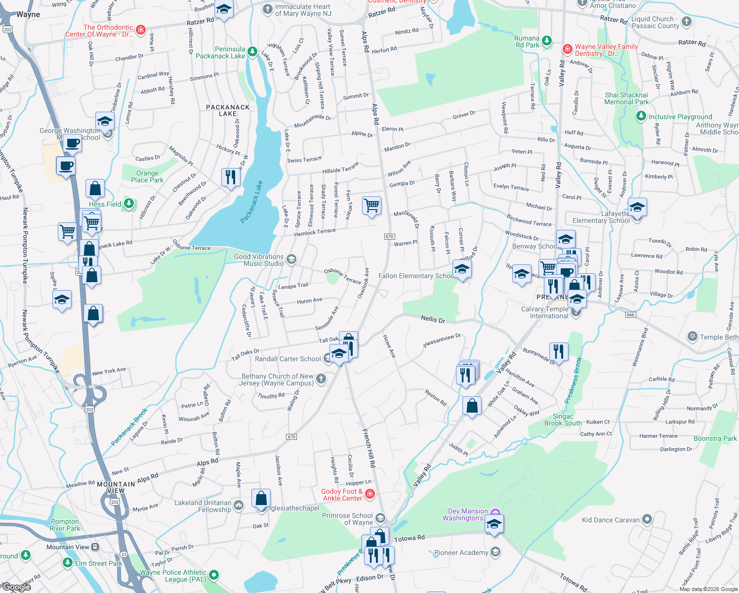 map of restaurants, bars, coffee shops, grocery stores, and more near 679 Alps Road in Wayne