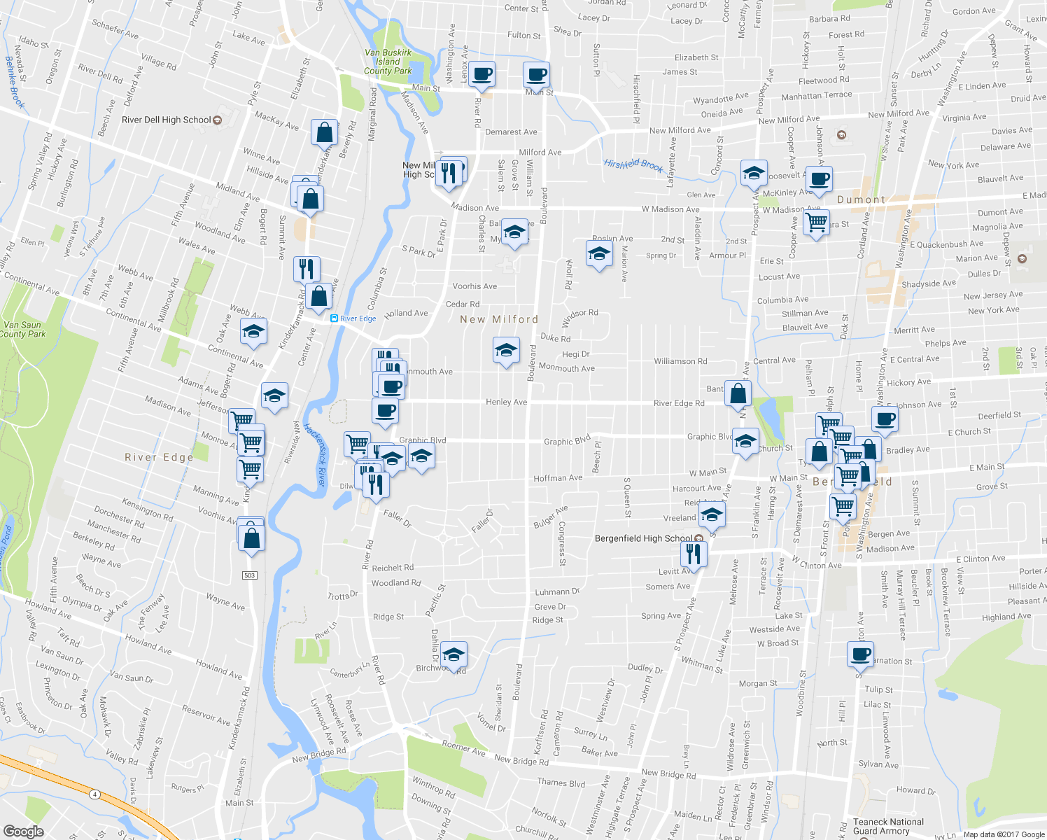 map of restaurants, bars, coffee shops, grocery stores, and more near 736 Boulevard in New Milford