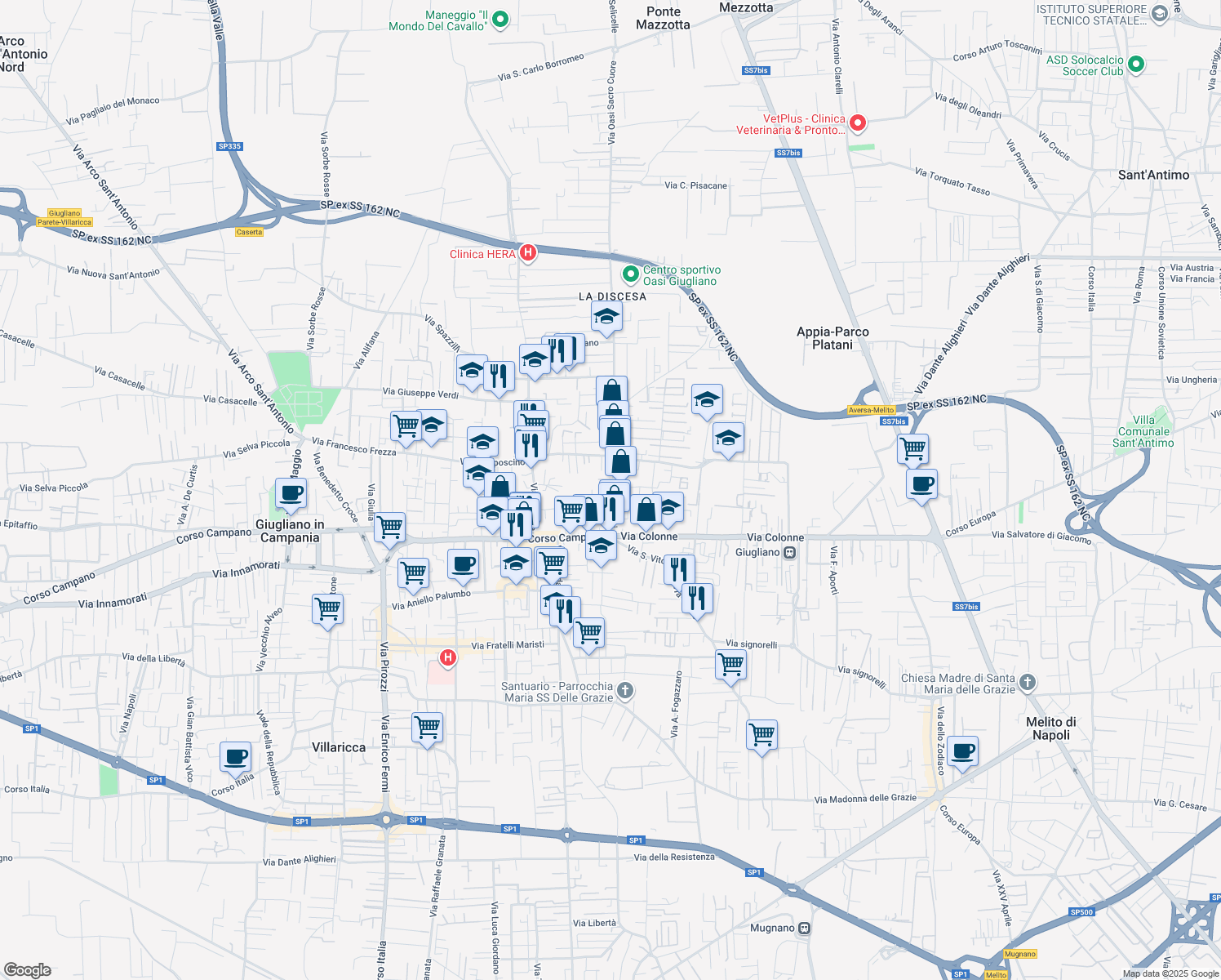 map of restaurants, bars, coffee shops, grocery stores, and more near 33I Via Giardini in Giugliano in Campania
