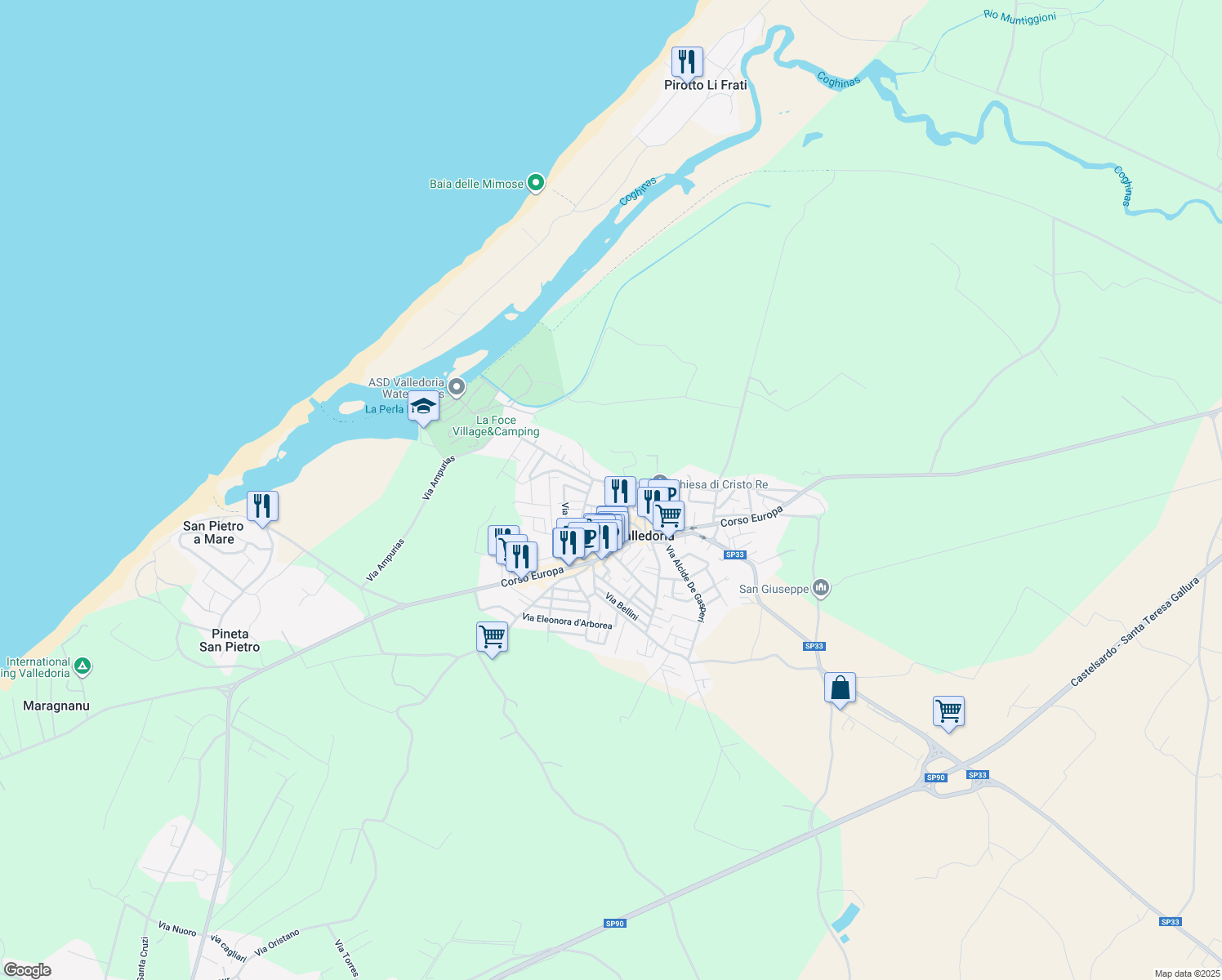map of restaurants, bars, coffee shops, grocery stores, and more near 51 Via Ampurias in Valledoria
