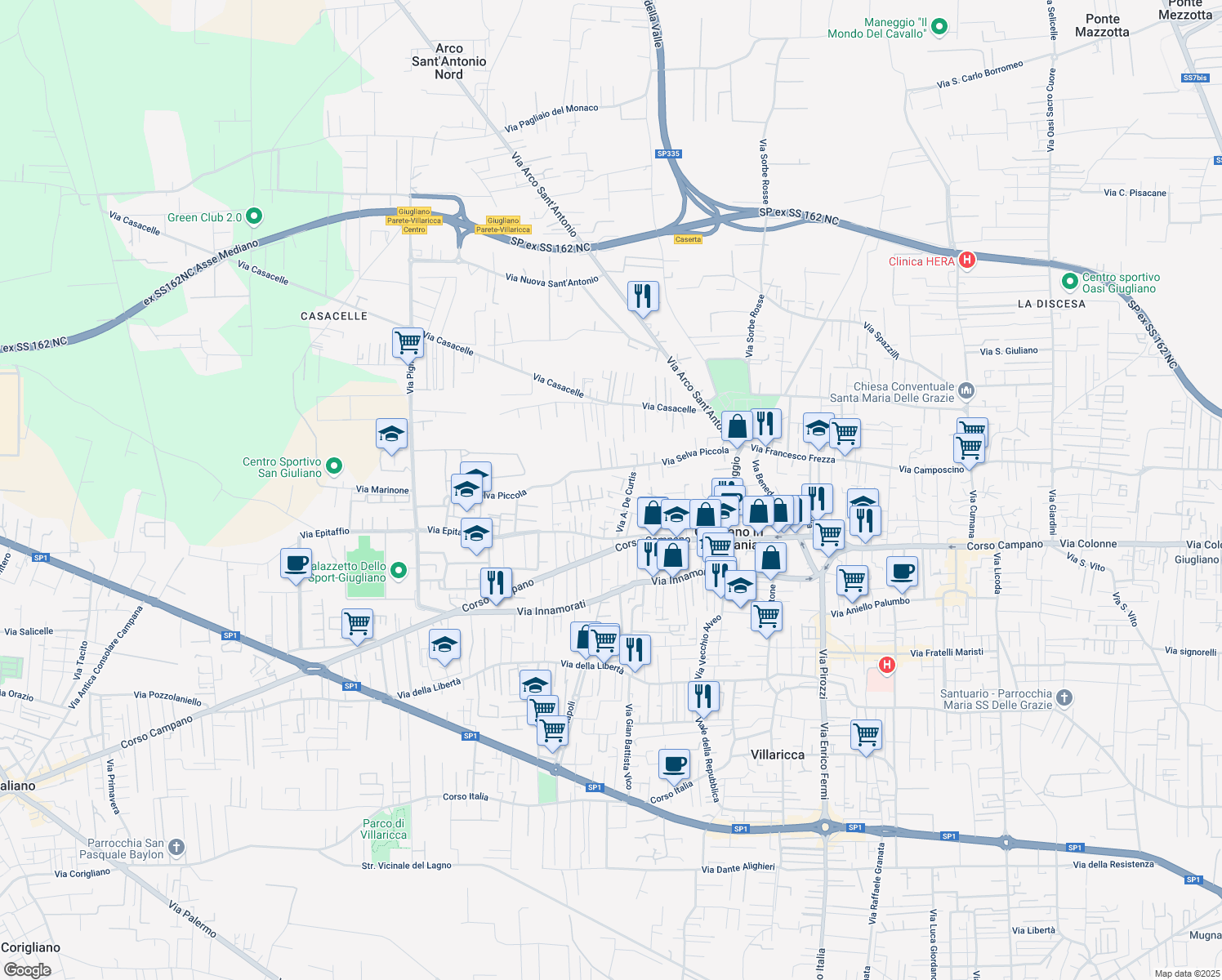 map of restaurants, bars, coffee shops, grocery stores, and more near 3 Via E. De Filippo in Giugliano in Campania