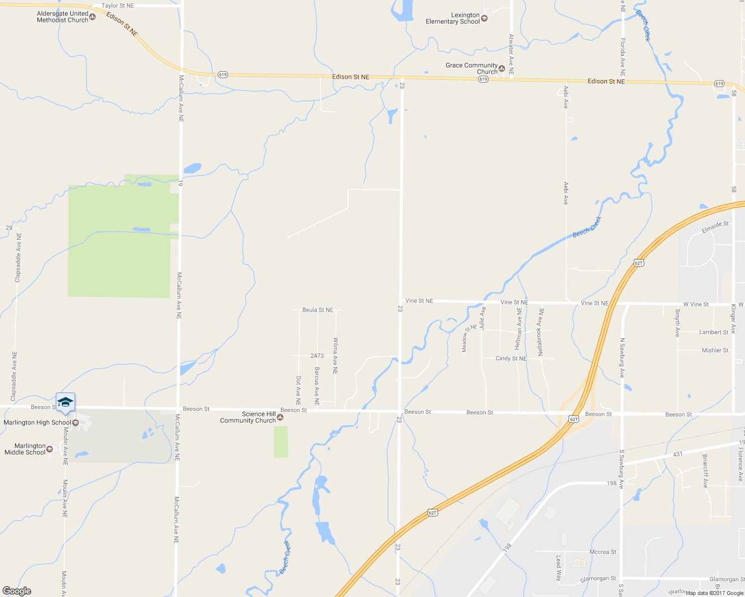 map of restaurants, bars, coffee shops, grocery stores, and more near 11011 Freshley Avenue Northeast in Alliance