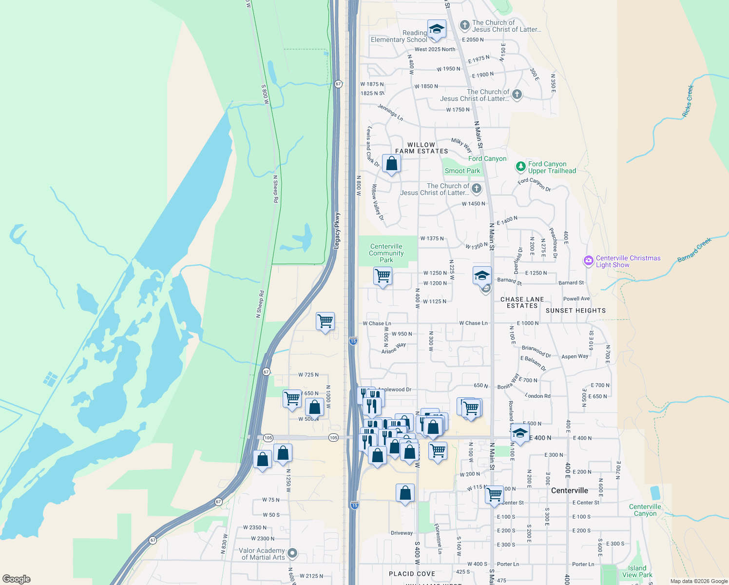map of restaurants, bars, coffee shops, grocery stores, and more near 1171 North 725 West in Centerville