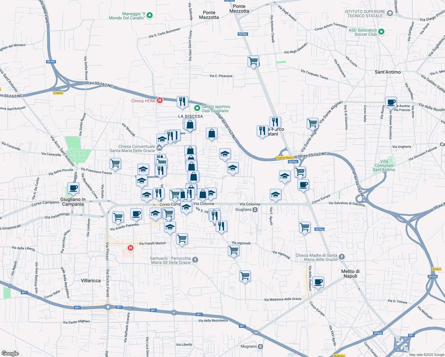 map of restaurants, bars, coffee shops, grocery stores, and more near Via Antica Giardini in Giugliano in Campania