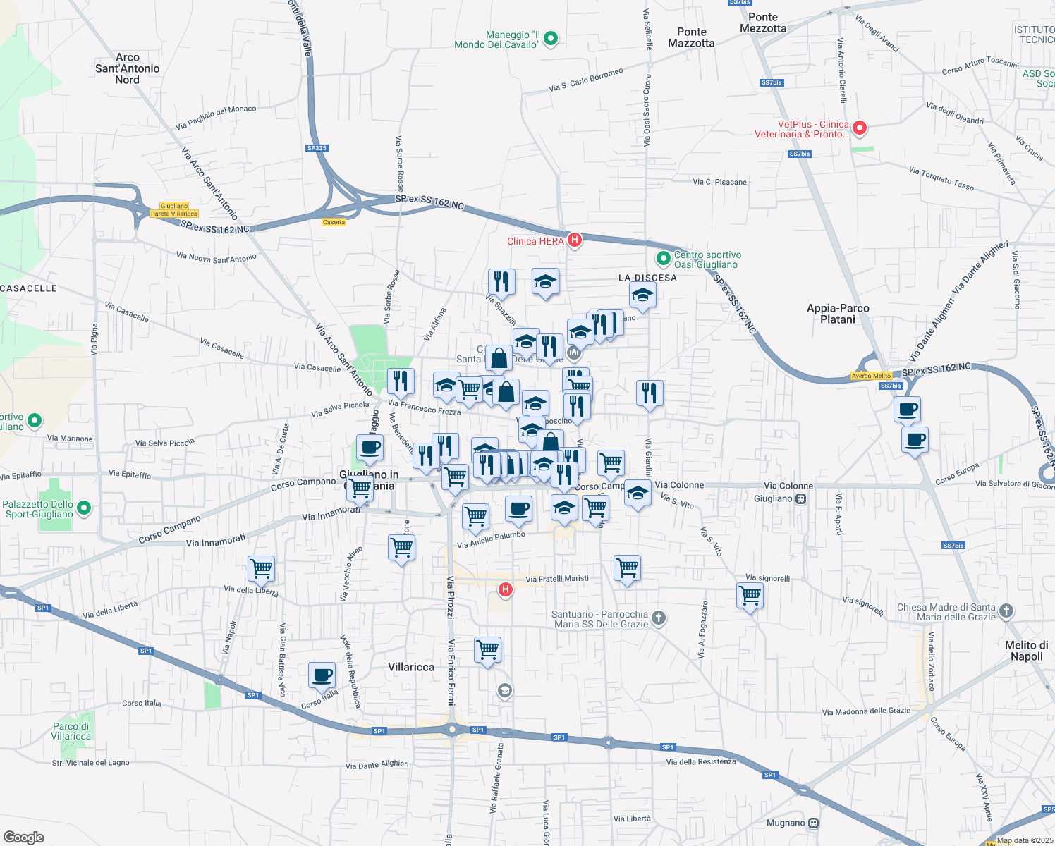 map of restaurants, bars, coffee shops, grocery stores, and more near 5 Vico Gelso in Giugliano in Campania