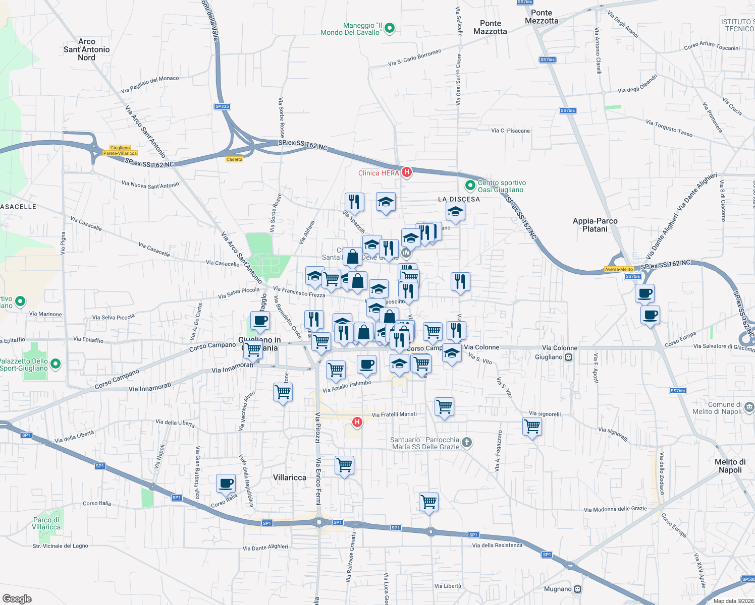 map of restaurants, bars, coffee shops, grocery stores, and more near 26 Vico Gelso in Giugliano In Campania