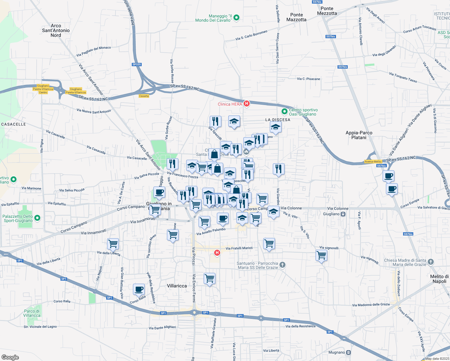 map of restaurants, bars, coffee shops, grocery stores, and more near 3 Vico Gelso in Giugliano in Campania