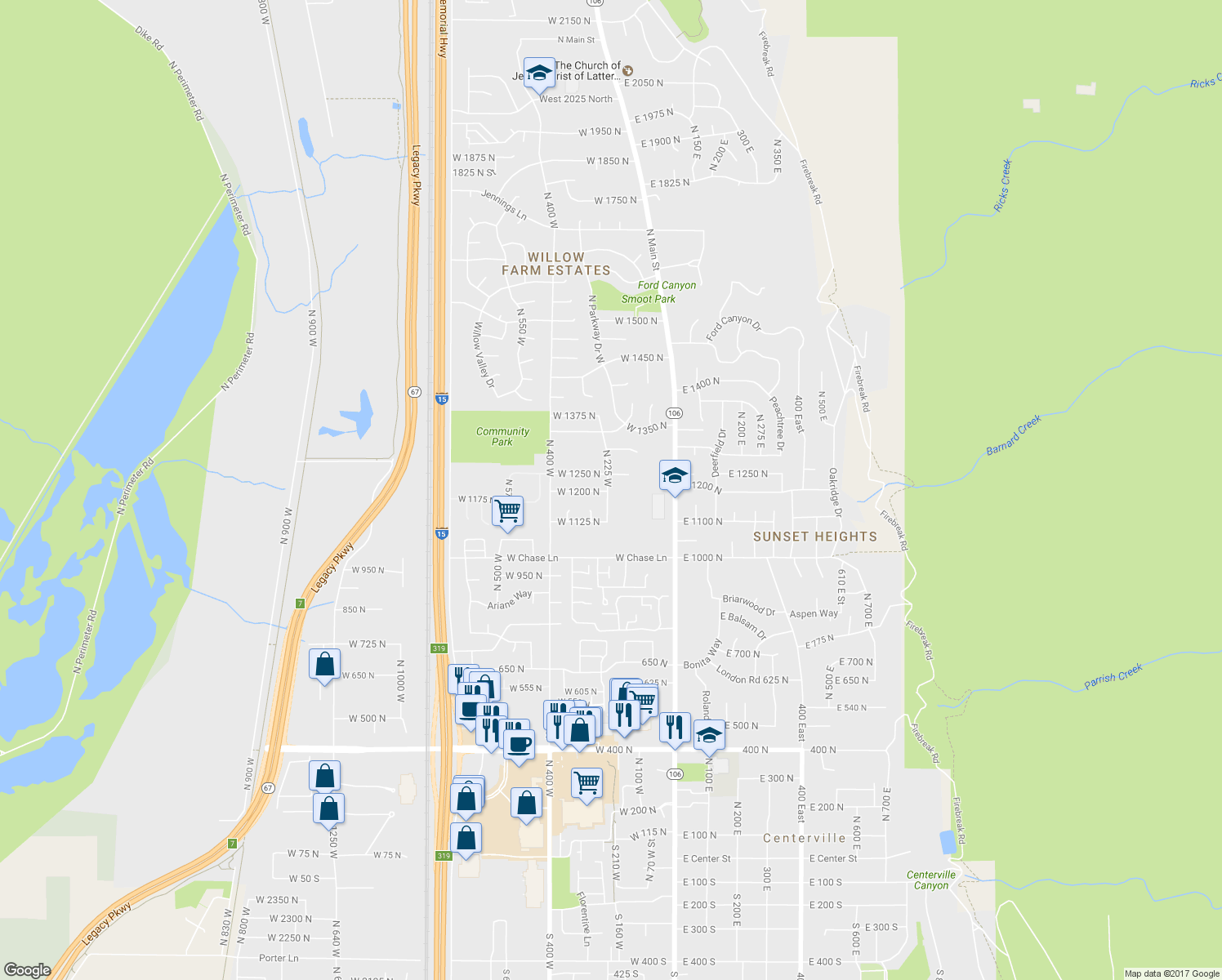 map of restaurants, bars, coffee shops, grocery stores, and more near 1212 North 225 West in Centerville