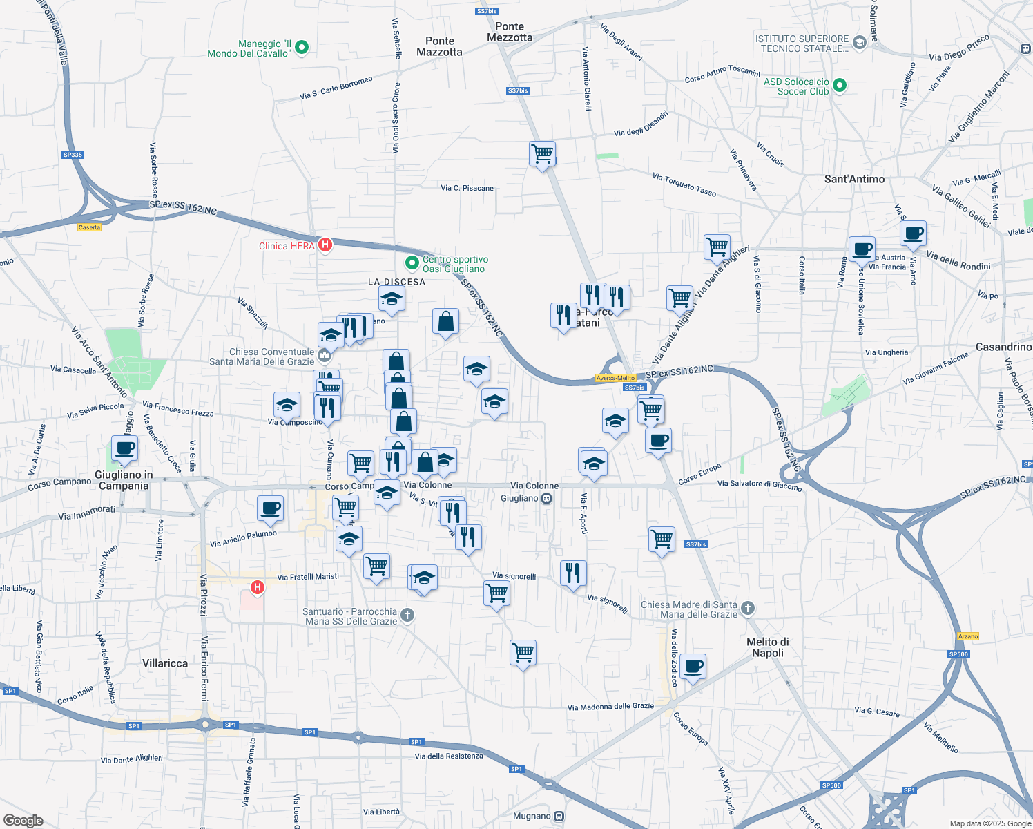map of restaurants, bars, coffee shops, grocery stores, and more near E15 Via Antica Giardini in Giugliano in Campania