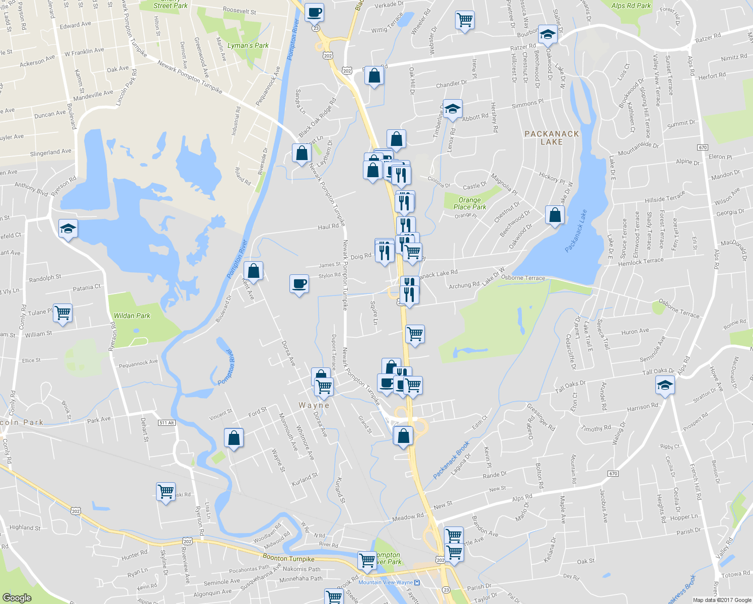 map of restaurants, bars, coffee shops, grocery stores, and more near 26 Squire Lane in Wayne