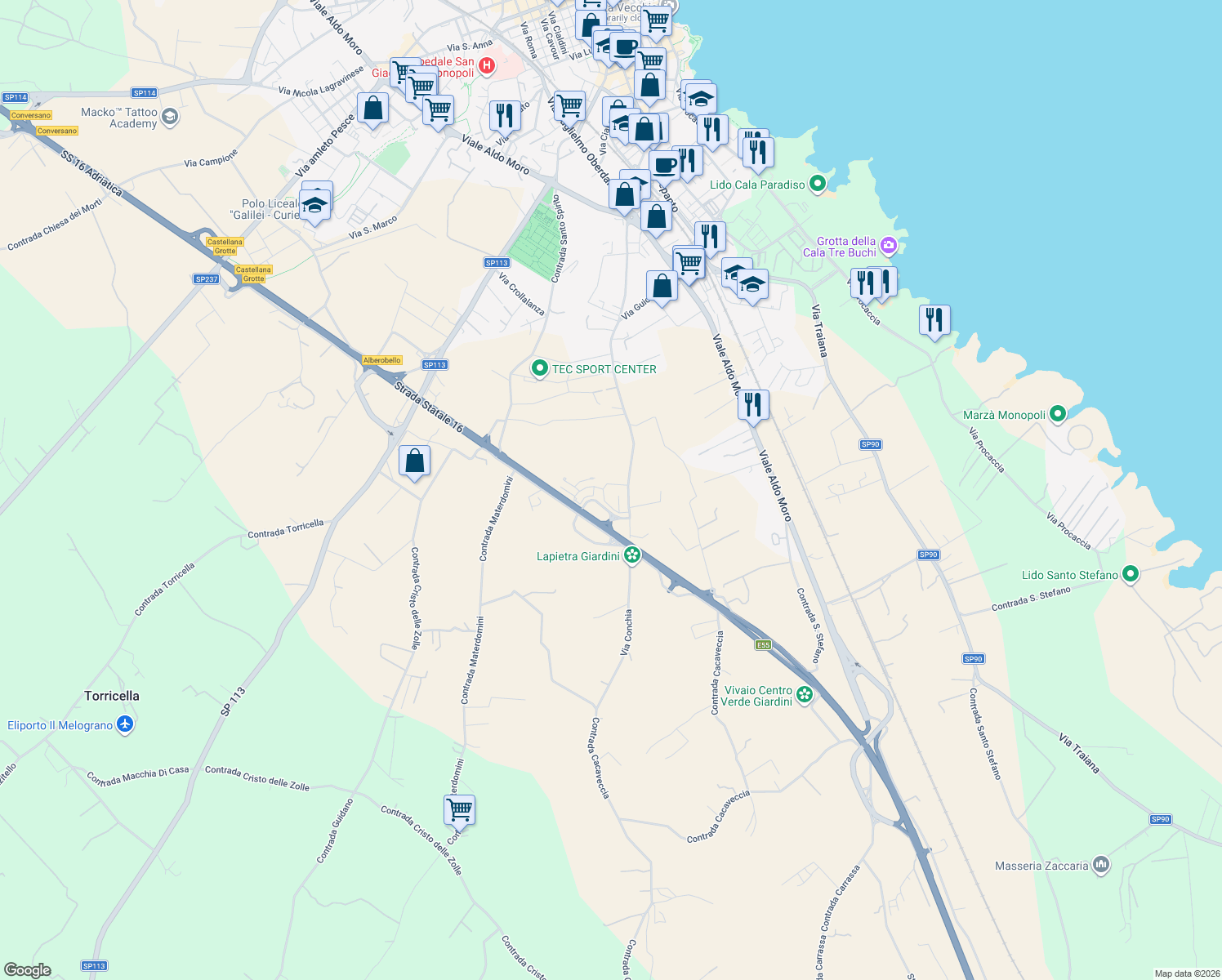 map of restaurants, bars, coffee shops, grocery stores, and more near 9 Via Oscar Laganà in Città Metropolitana di Bari