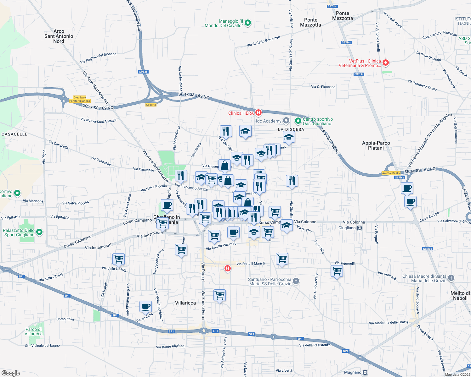 map of restaurants, bars, coffee shops, grocery stores, and more near 5 Vico Gelso in Giugliano in Campania