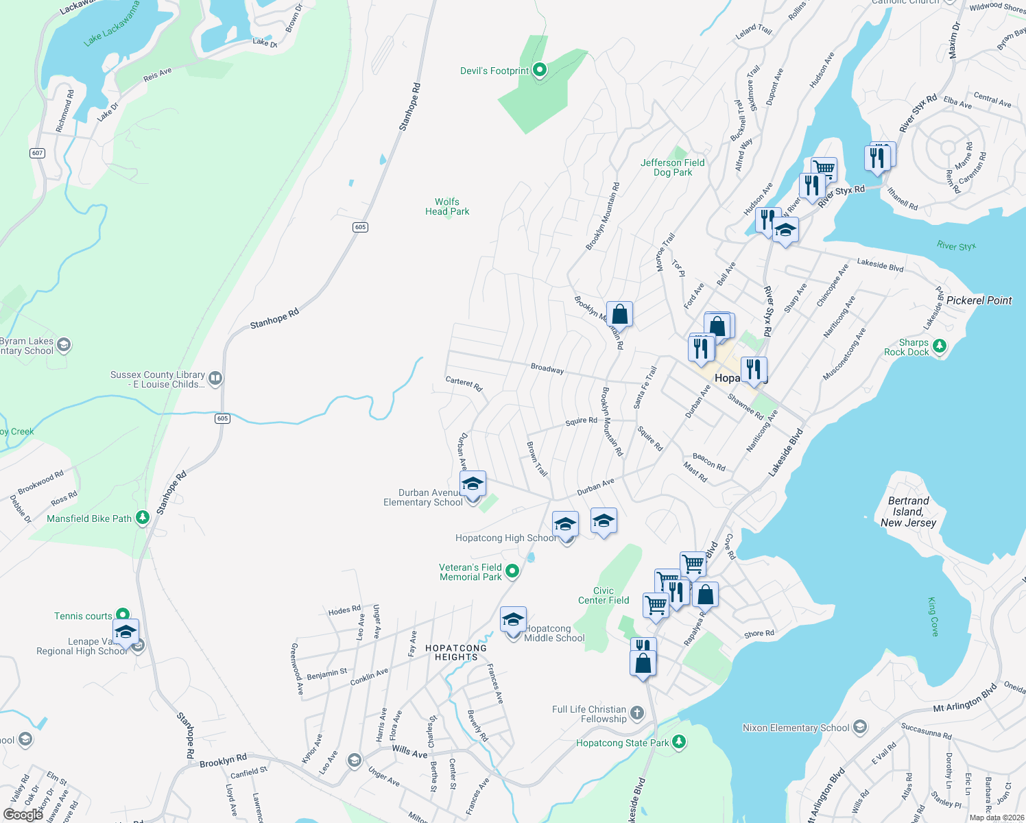 map of restaurants, bars, coffee shops, grocery stores, and more near 116 Staten Trail in Hopatcong
