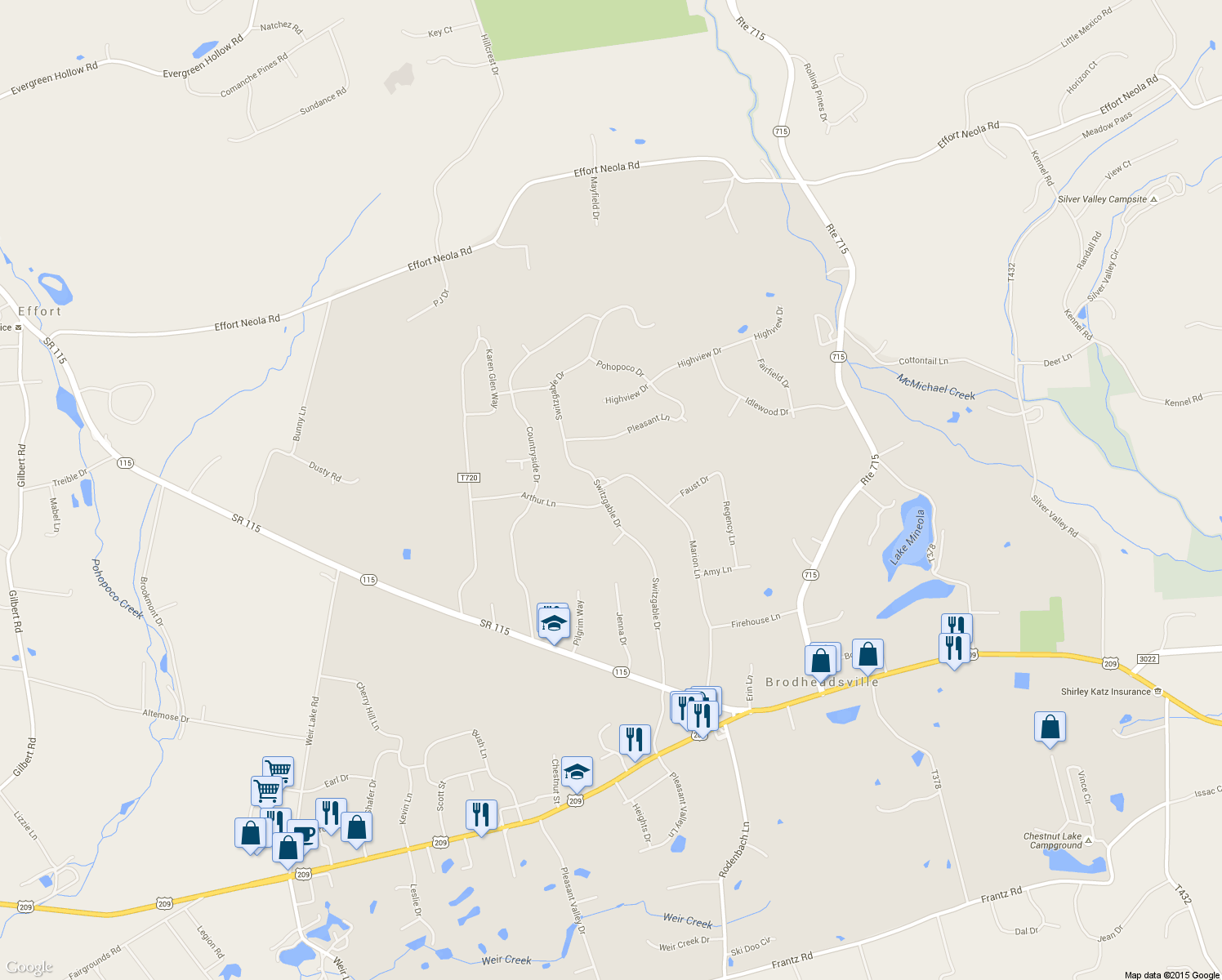 map of restaurants, bars, coffee shops, grocery stores, and more near 30 Switzgable Drive in Brodheadsville