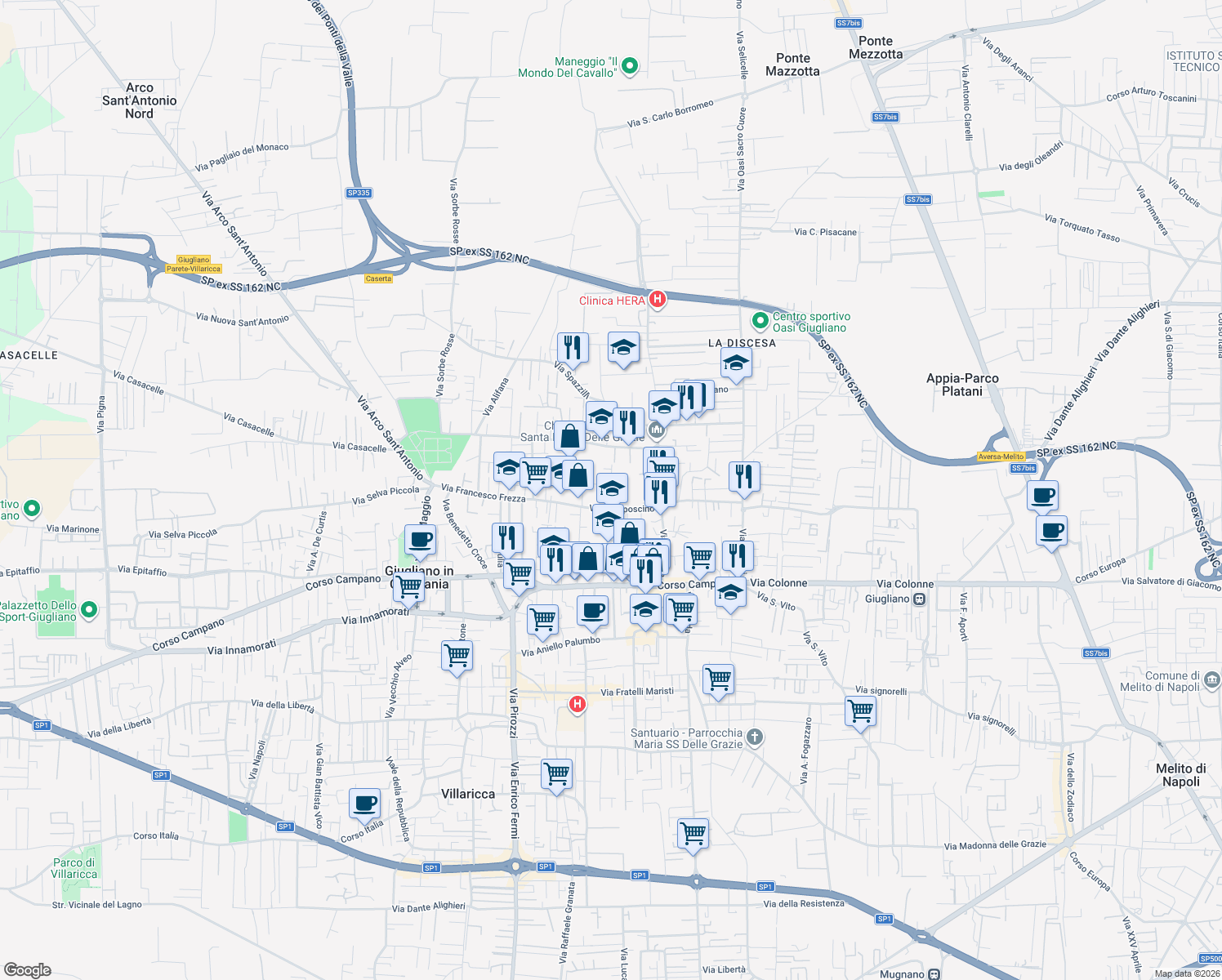 map of restaurants, bars, coffee shops, grocery stores, and more near 26 Vico Gelso in Giugliano in Campania