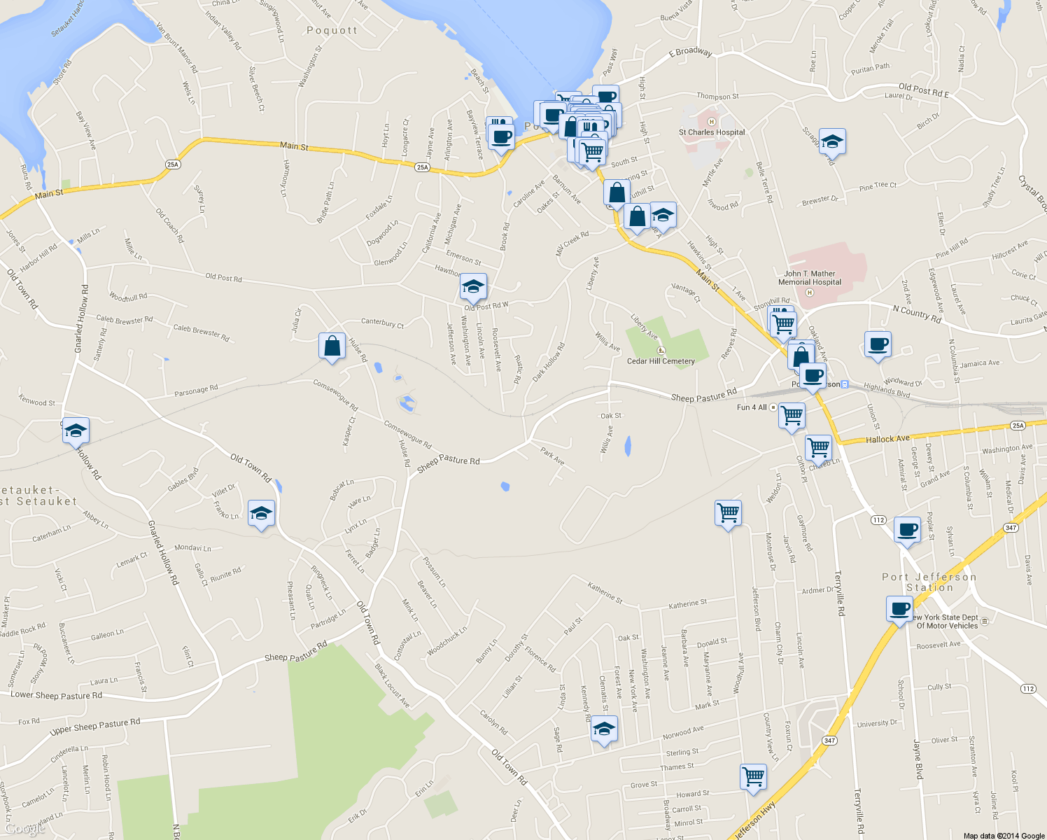 map of restaurants, bars, coffee shops, grocery stores, and more near 120 Dark Hollow Road in Port Jefferson Station
