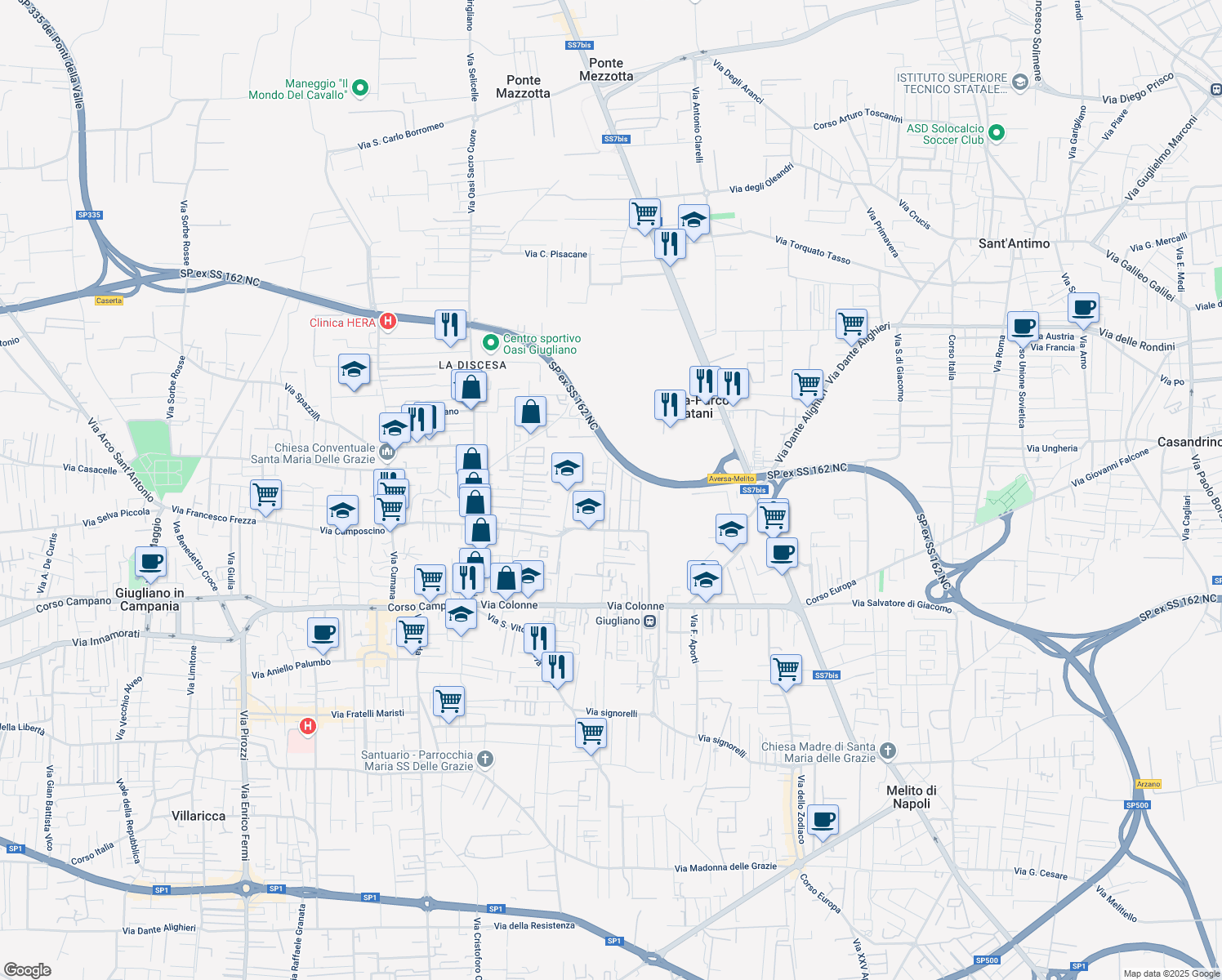 map of restaurants, bars, coffee shops, grocery stores, and more near 90-92 Via Antica Giardini Parco G. B. Futura in Giugliano in Campania