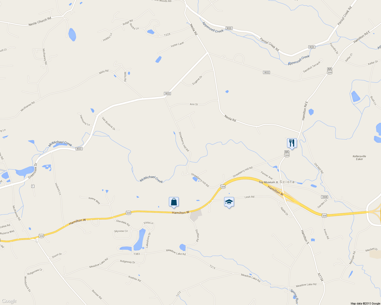 map of restaurants, bars, coffee shops, grocery stores, and more near 408 Strawberry Hill Road in Saylorsburg