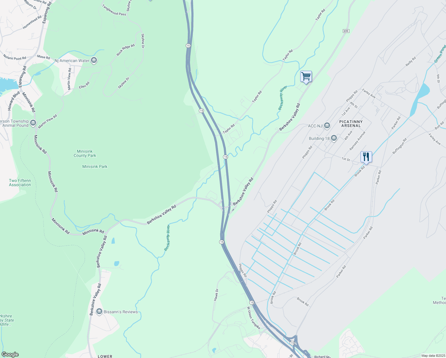 map of restaurants, bars, coffee shops, grocery stores, and more near 143 New Jersey 15 in Wharton