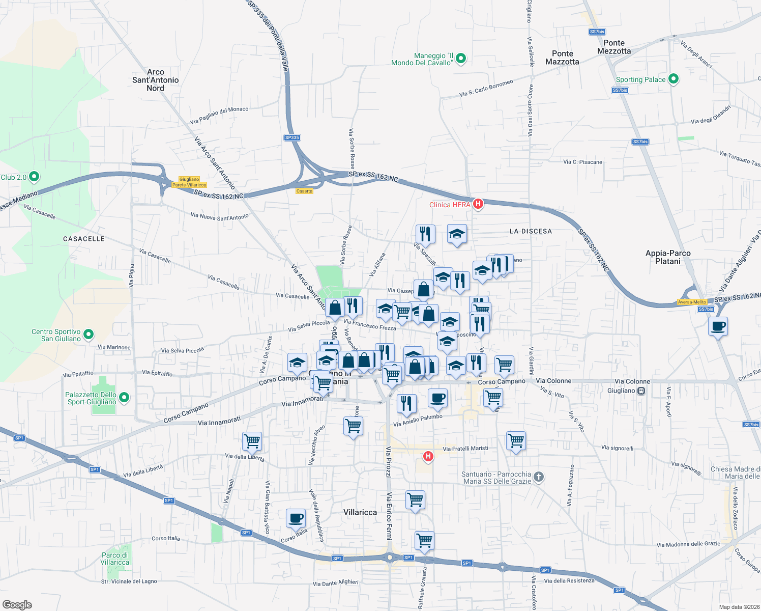 map of restaurants, bars, coffee shops, grocery stores, and more near 17 Via Francesco Cilea in Giugliano in Campania