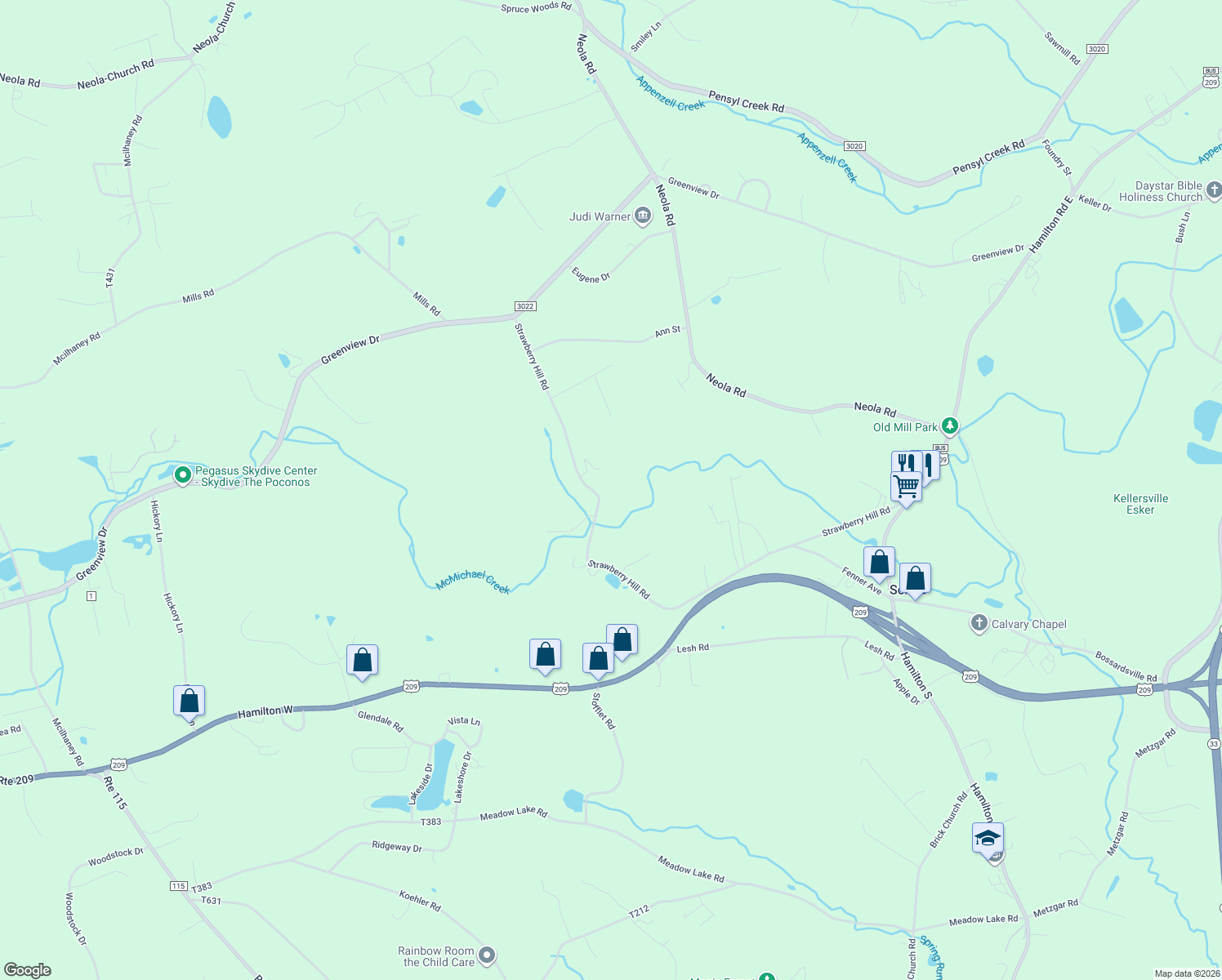 map of restaurants, bars, coffee shops, grocery stores, and more near 244 Strawberry Hill Road in Sciota
