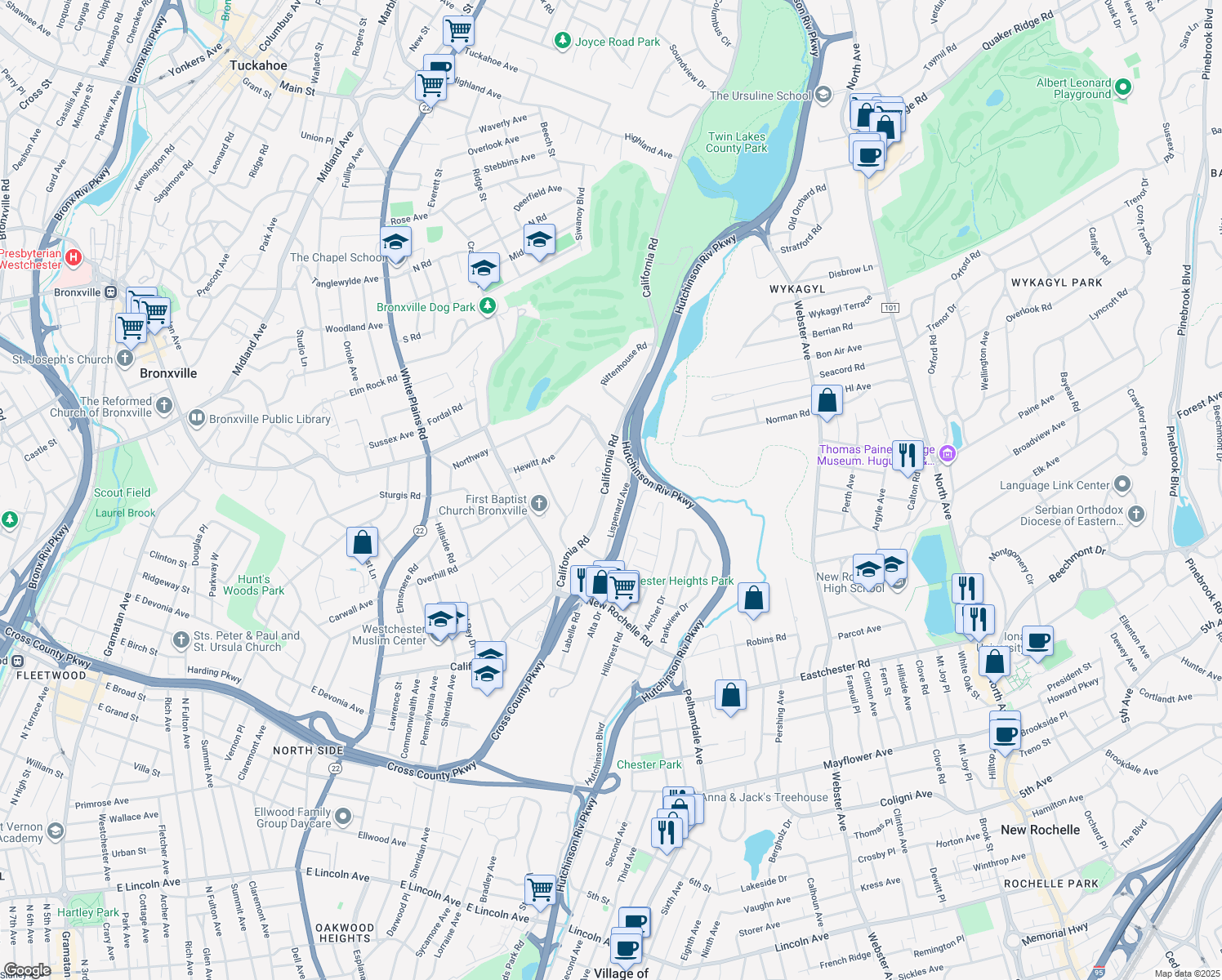 map of restaurants, bars, coffee shops, grocery stores, and more near 478 California Road in Bronxville