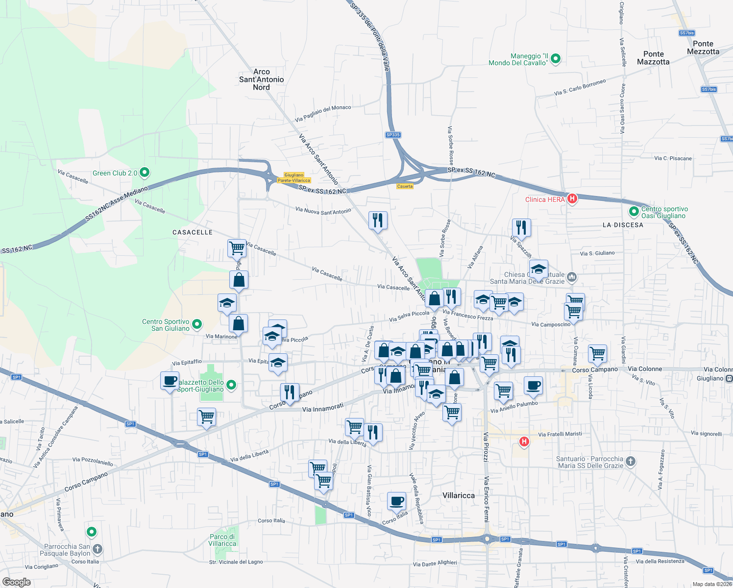 map of restaurants, bars, coffee shops, grocery stores, and more near 13 Via Casacelle in Giugliano In Campania
