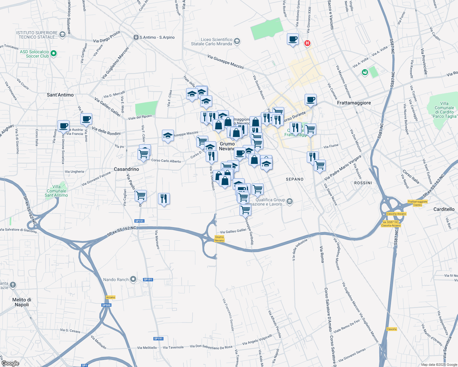 map of restaurants, bars, coffee shops, grocery stores, and more near 10 Via Leonardo Da Vinci in Grumo Nevano