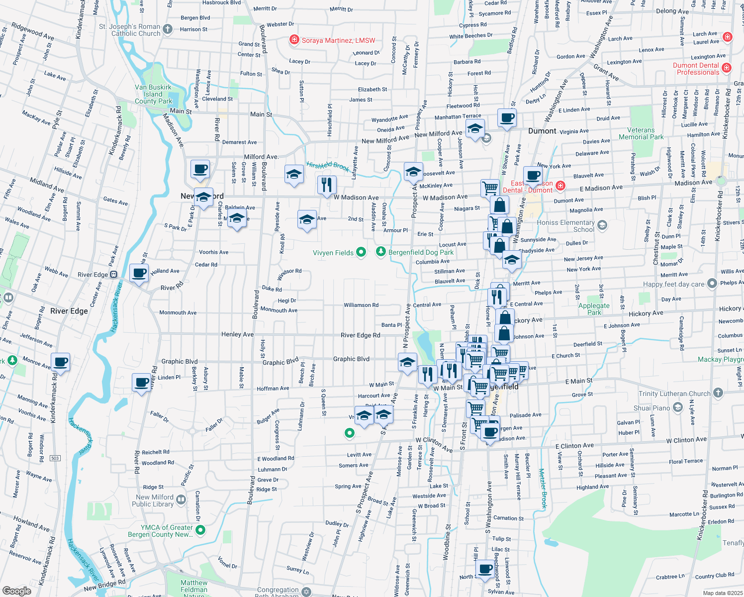 map of restaurants, bars, coffee shops, grocery stores, and more near 190 Ames Avenue in Bergenfield