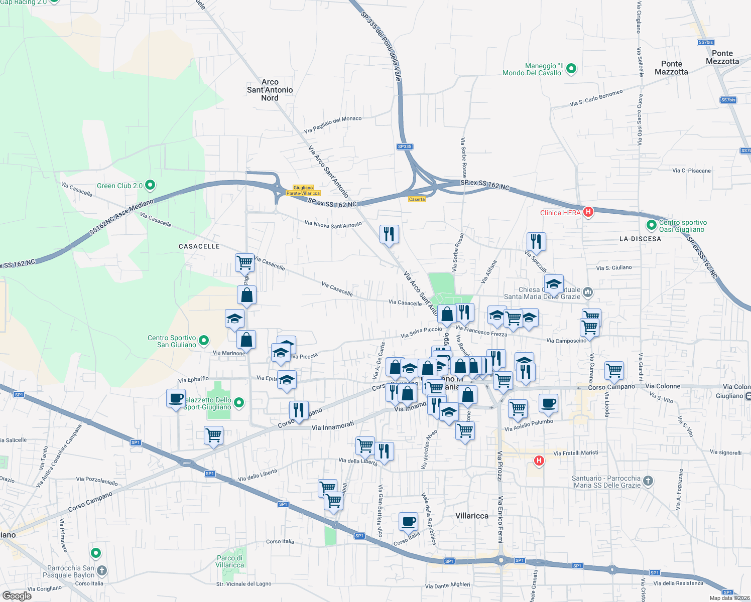 map of restaurants, bars, coffee shops, grocery stores, and more near 13 Via Casacelle in Giugliano In Campania