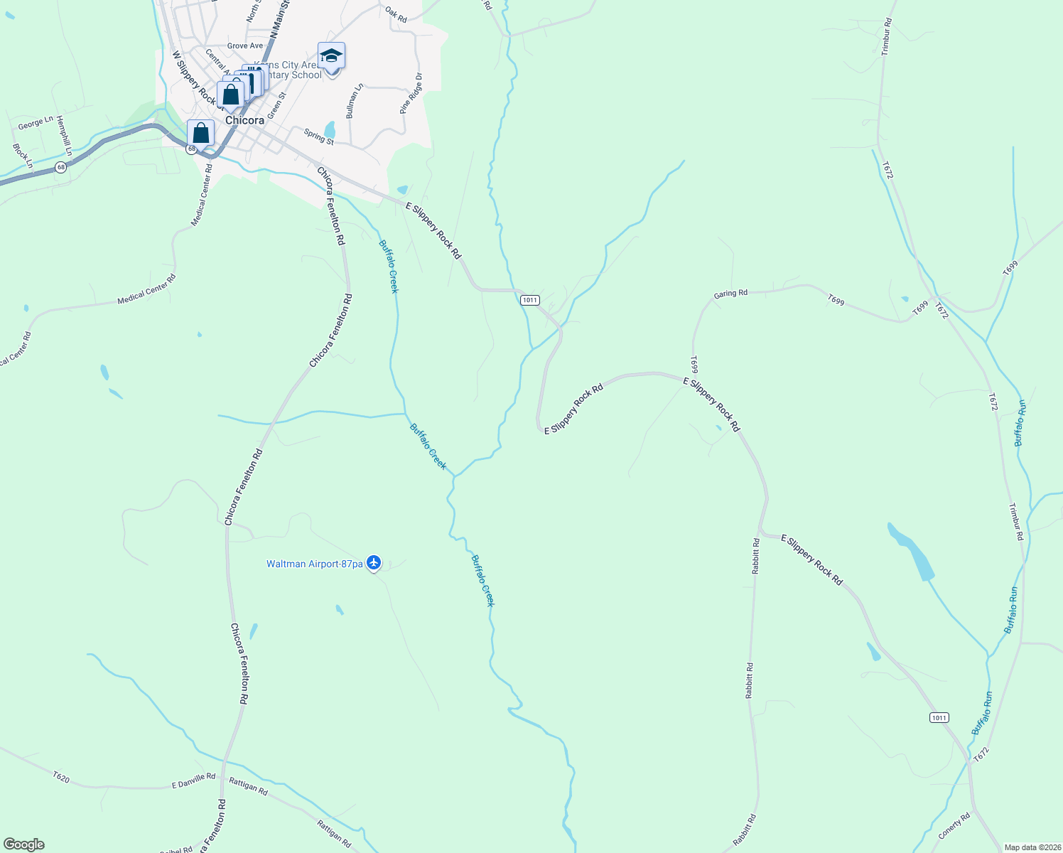 map of restaurants, bars, coffee shops, grocery stores, and more near 528 E Slippery Rock Rd in Chicora