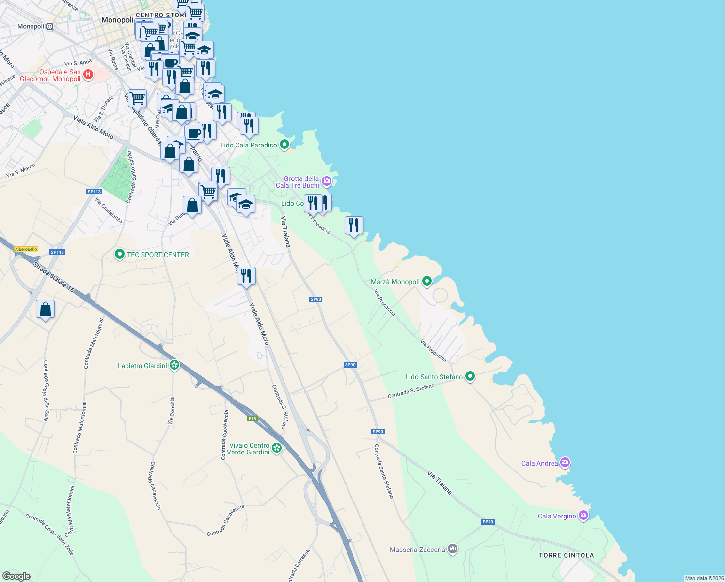 map of restaurants, bars, coffee shops, grocery stores, and more near 115 Contrada Santo Stefano in Città Metropolitana di Bari