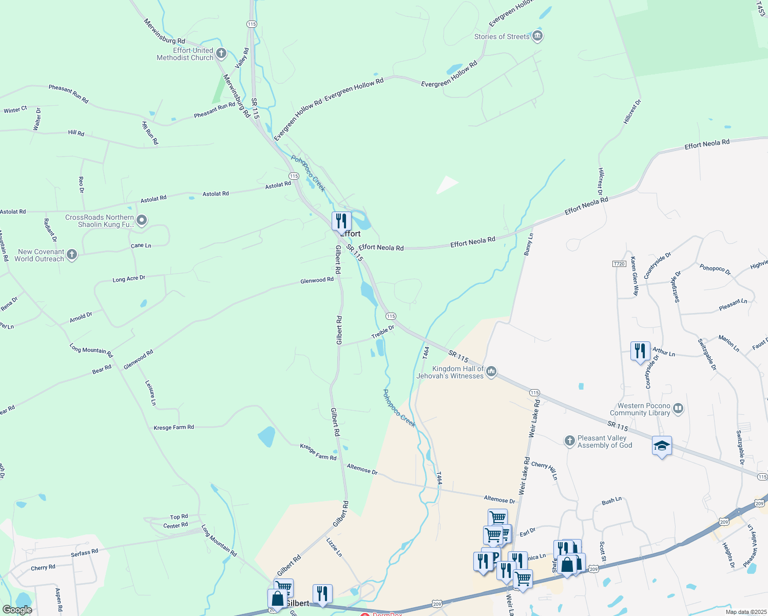 map of restaurants, bars, coffee shops, grocery stores, and more near 2512 Route 115 in Effort
