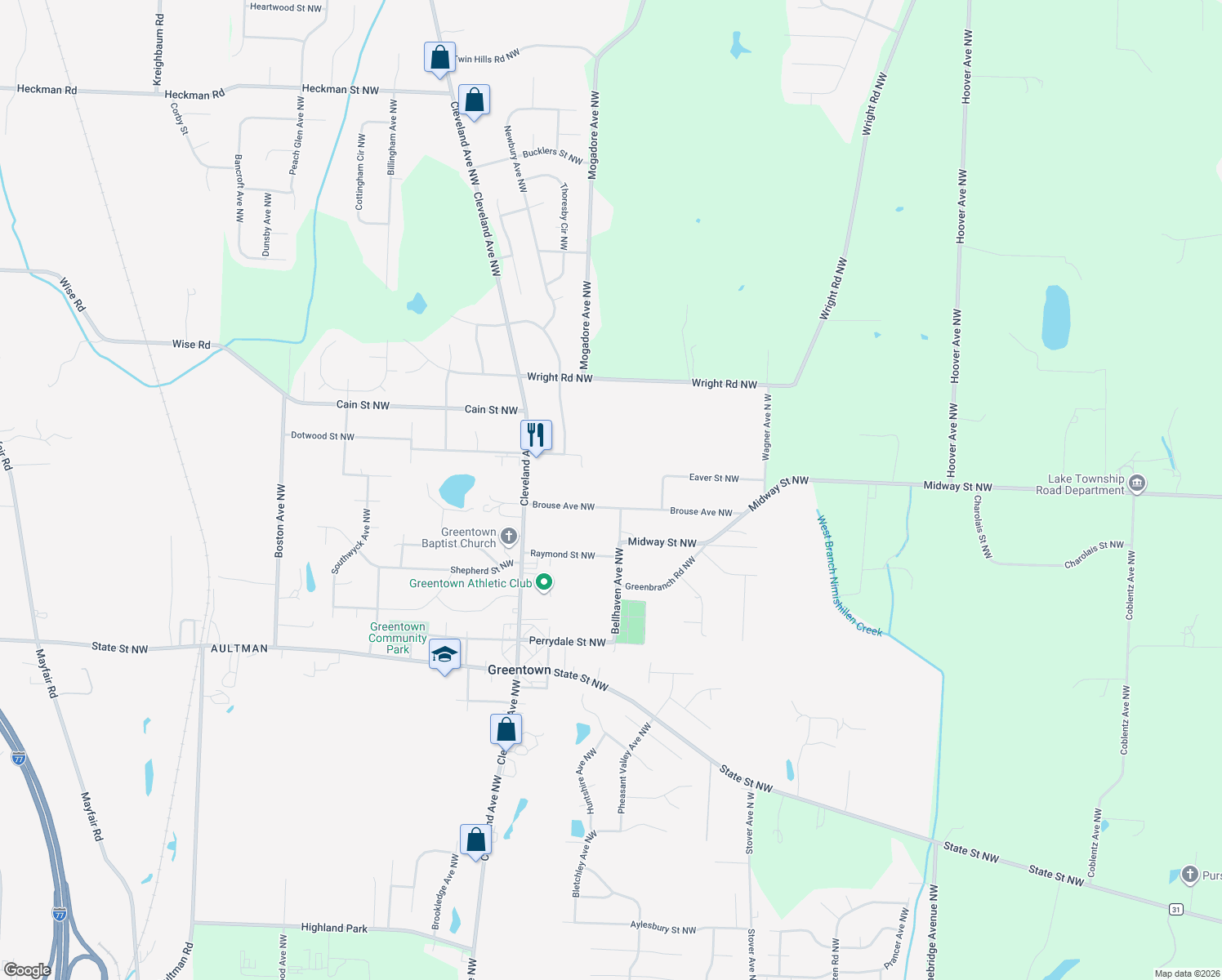 map of restaurants, bars, coffee shops, grocery stores, and more near 2923 Brouse Street Northwest in Uniontown