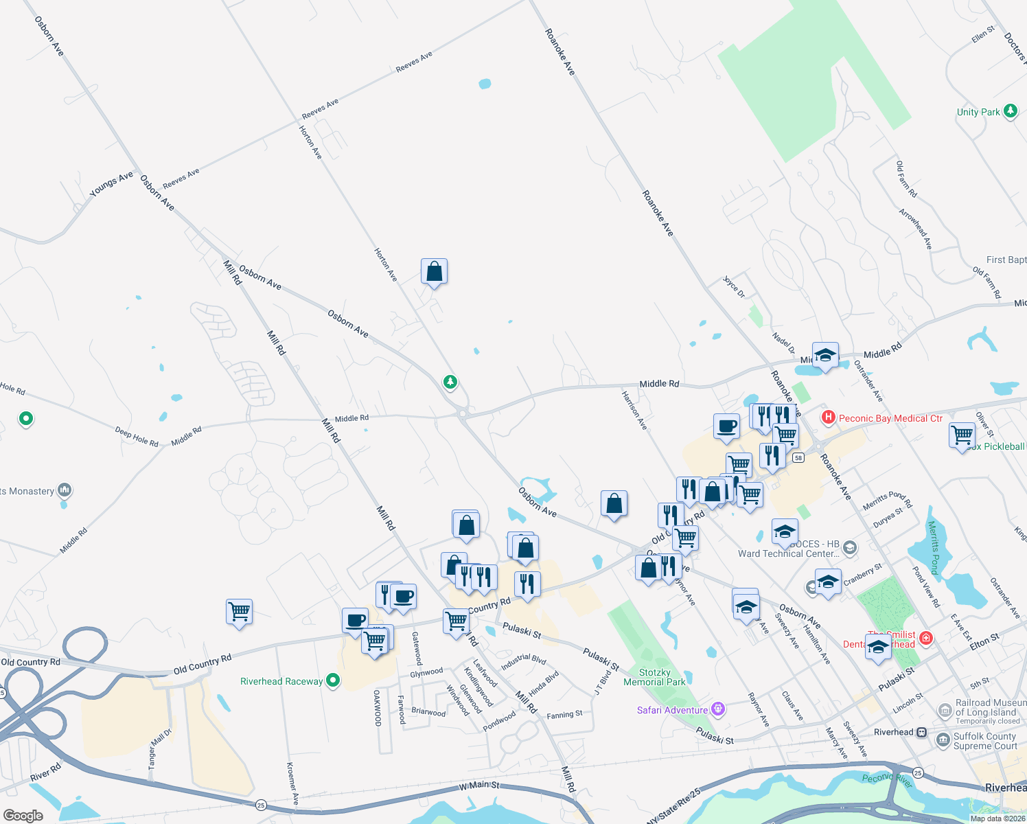 map of restaurants, bars, coffee shops, grocery stores, and more near 1039 Middle Road in Riverhead