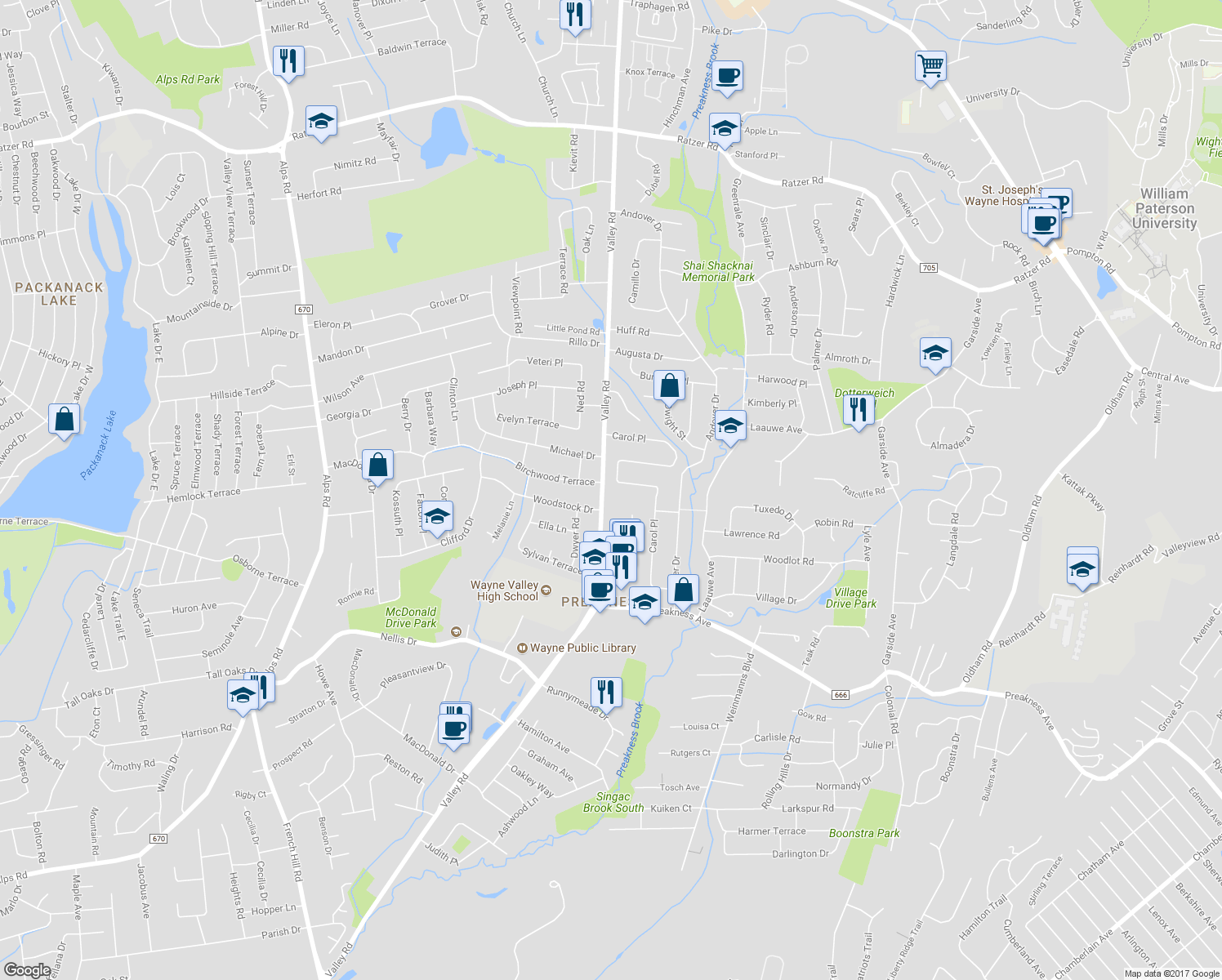 map of restaurants, bars, coffee shops, grocery stores, and more near 676 Valley Road in Wayne