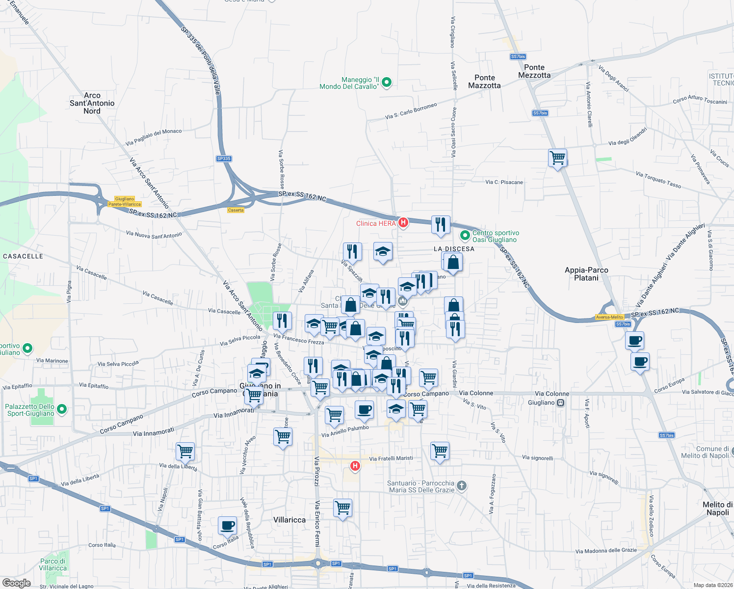map of restaurants, bars, coffee shops, grocery stores, and more near 23H Via Spazzilli in Giugliano in Campania