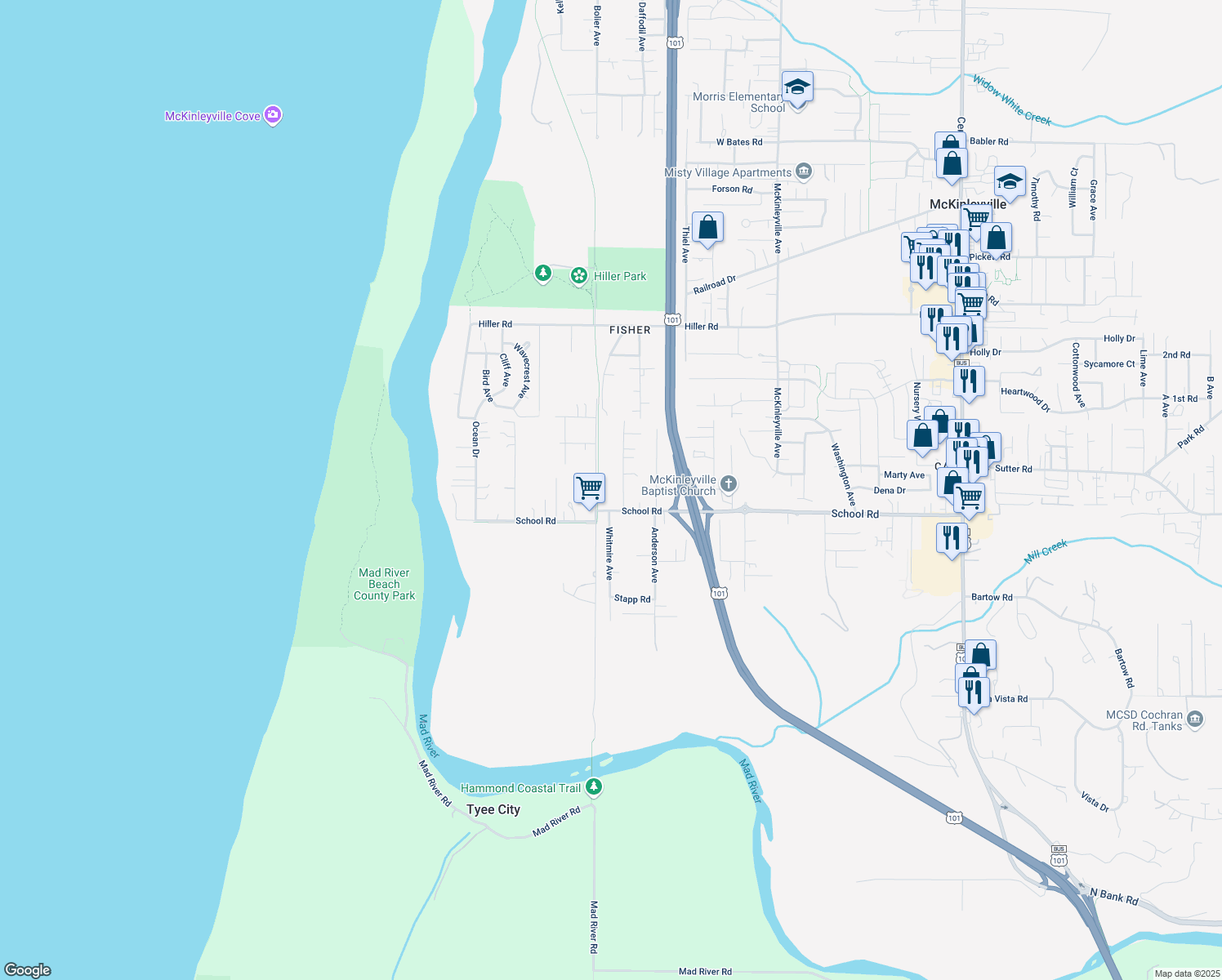 map of restaurants, bars, coffee shops, grocery stores, and more near 1645 Fischer Avenue in McKinleyville