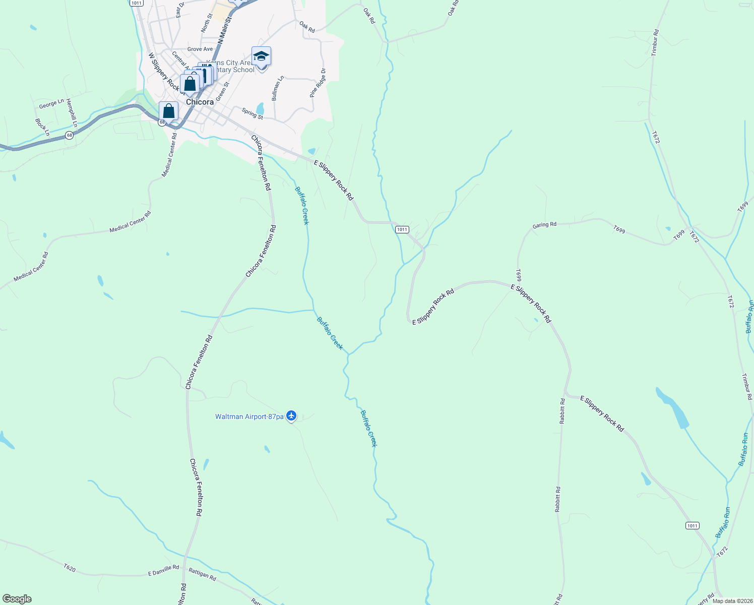 map of restaurants, bars, coffee shops, grocery stores, and more near 528 East Slippery Rock Road in Chicora