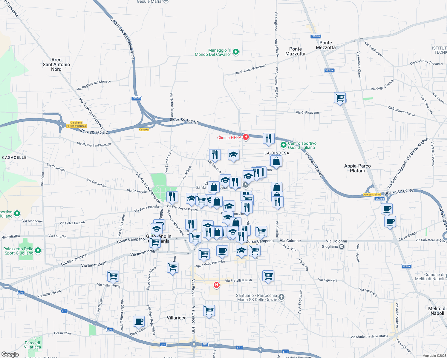 map of restaurants, bars, coffee shops, grocery stores, and more near 23H Via Spazzilli in Giugliano in Campania
