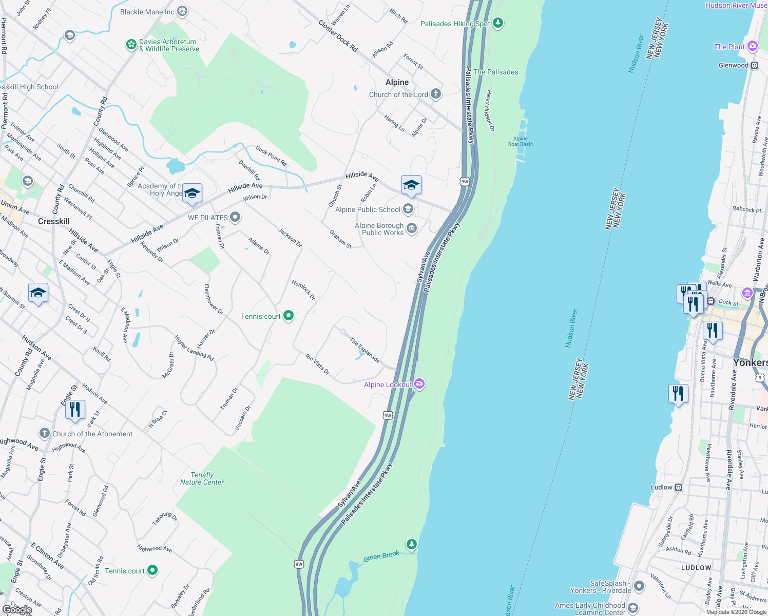 map of restaurants, bars, coffee shops, grocery stores, and more near 30 Tulip Tree Lane in Alpine