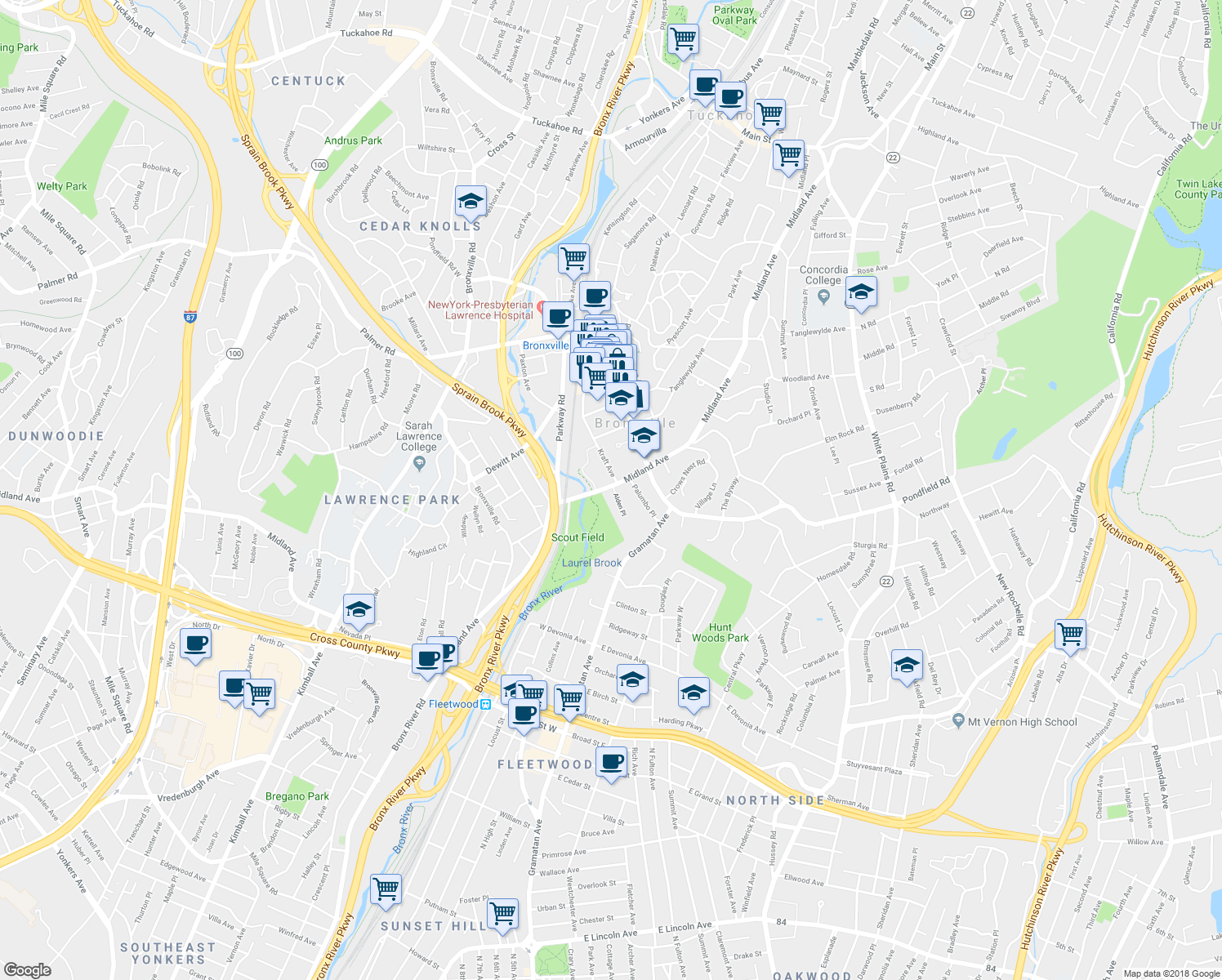 map of restaurants, bars, coffee shops, grocery stores, and more near 8 Alden Place in Bronxville
