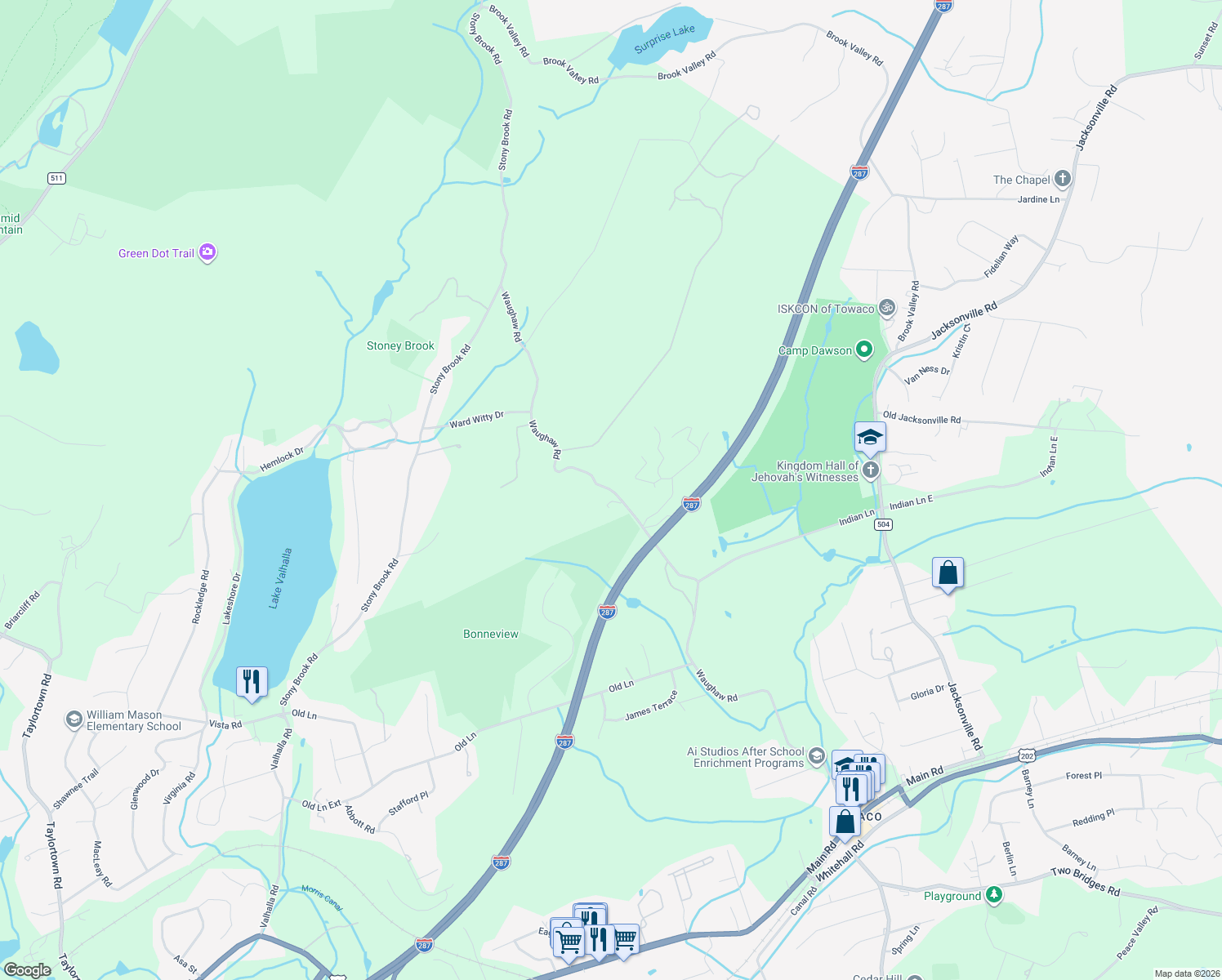 map of restaurants, bars, coffee shops, grocery stores, and more near 119 Waughaw Road in Montville